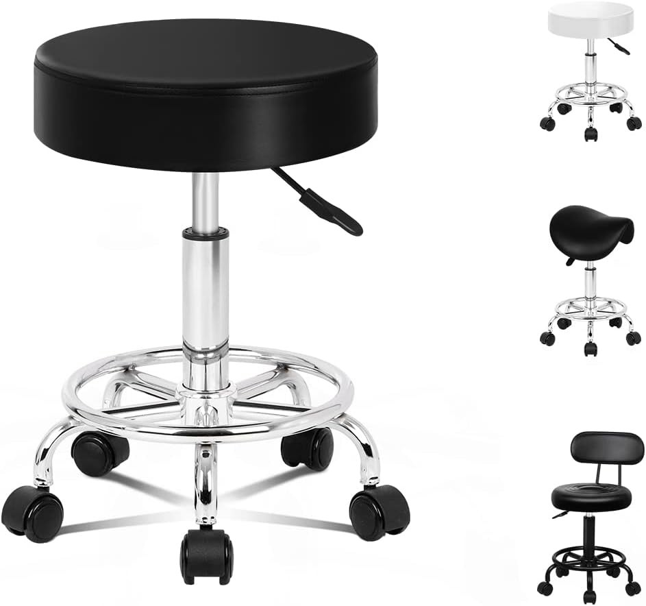 ALFORDSON Salon Stool round Swivel Drafting Rolling Stools in 49.5-64Cm Height Adjustable PU Leather Spa Stool with Footrest Wheels Hair Dress Backless Barber Chair for SPA Massage (Kori Black)