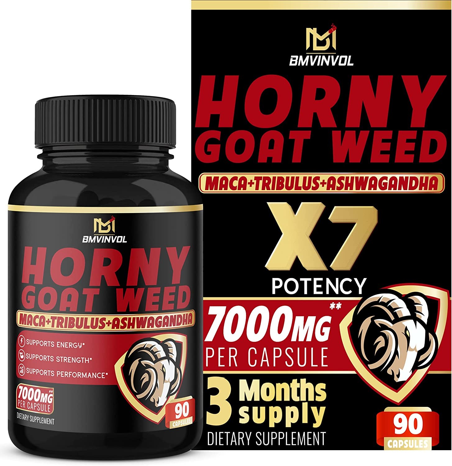 Horny Goat Weed Capsules – 7000Mg Herbal Equivalent – Maca, Ginseng, Tribulus Terrestris, Ashwagandha – Performance and Energy Support – 3 Month Supply