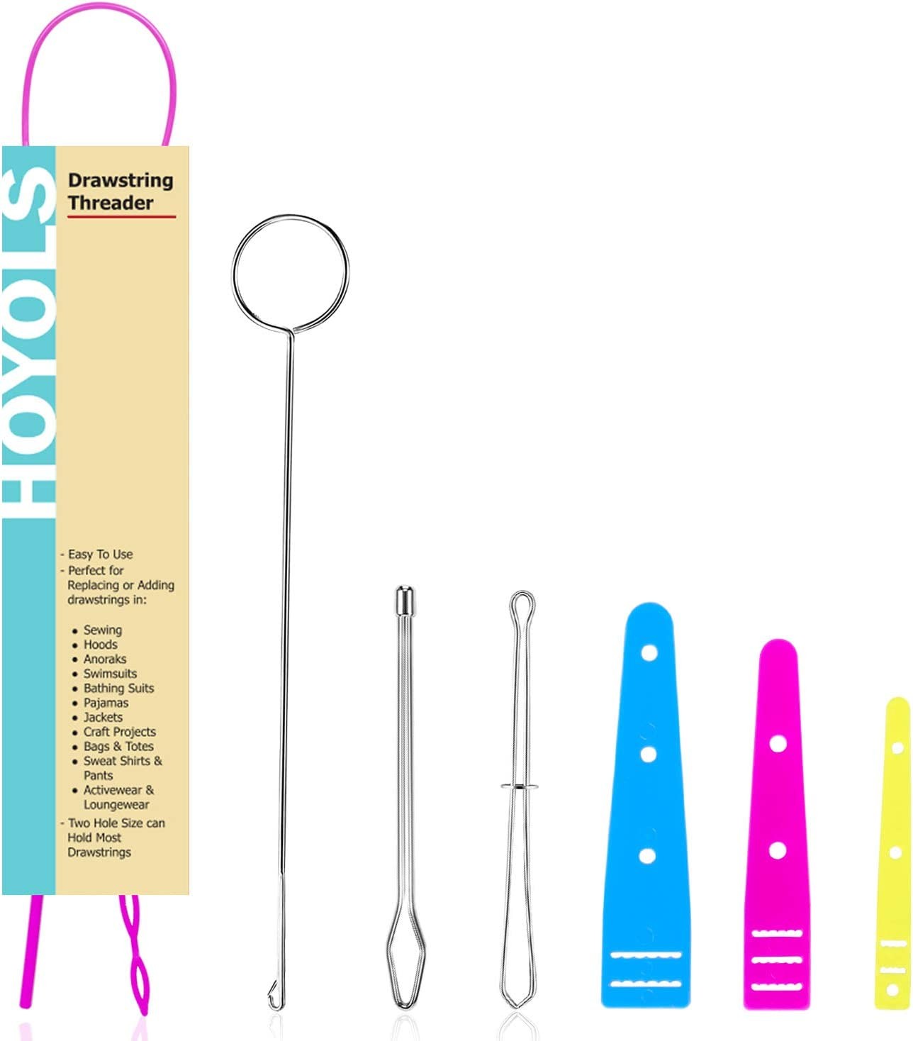 Drawstring Threader – HOYOLS 7Pcs Set, Bodkin Threader, Sewing Loop Turner Hook, Elastic Threaders Metal Tweezers, Quick & Easy Plastic Flexible Drawstrings Replacement Tools Needle for Straps Belts Strips Craft Hoodies Jackets Sweatpants 1/4, 1/2, 3/4-Inch Size Metal Threader Tweezers Quick & Easy Rethreads Drawstrings Replacing