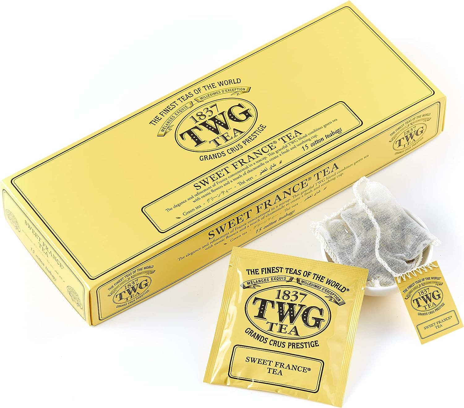 TWG Tea | Sweet France Tea | Green Tea | Chamomile Flowers & Rose Petals | 15 Hand Sewn Cotton Tea Bags | Gift Set