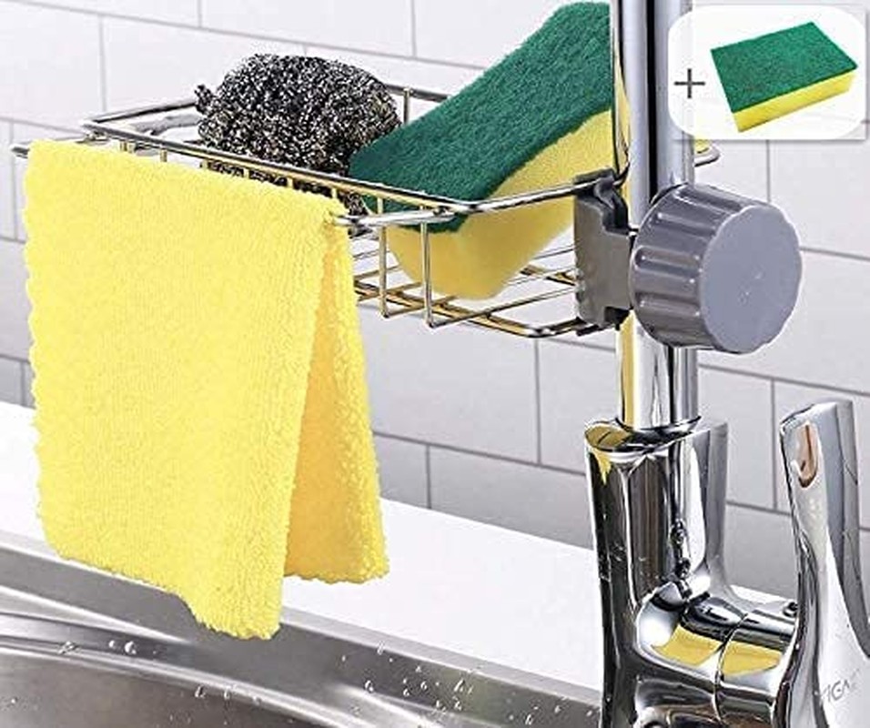 Kitchen Sponge Holder,Sink Caddy Organizer,Drainer Caddy for Dishwashing,Stainless Steel Faucet Storage Rack Hanging,Shower Shelf Soap Sponge Storage Rack