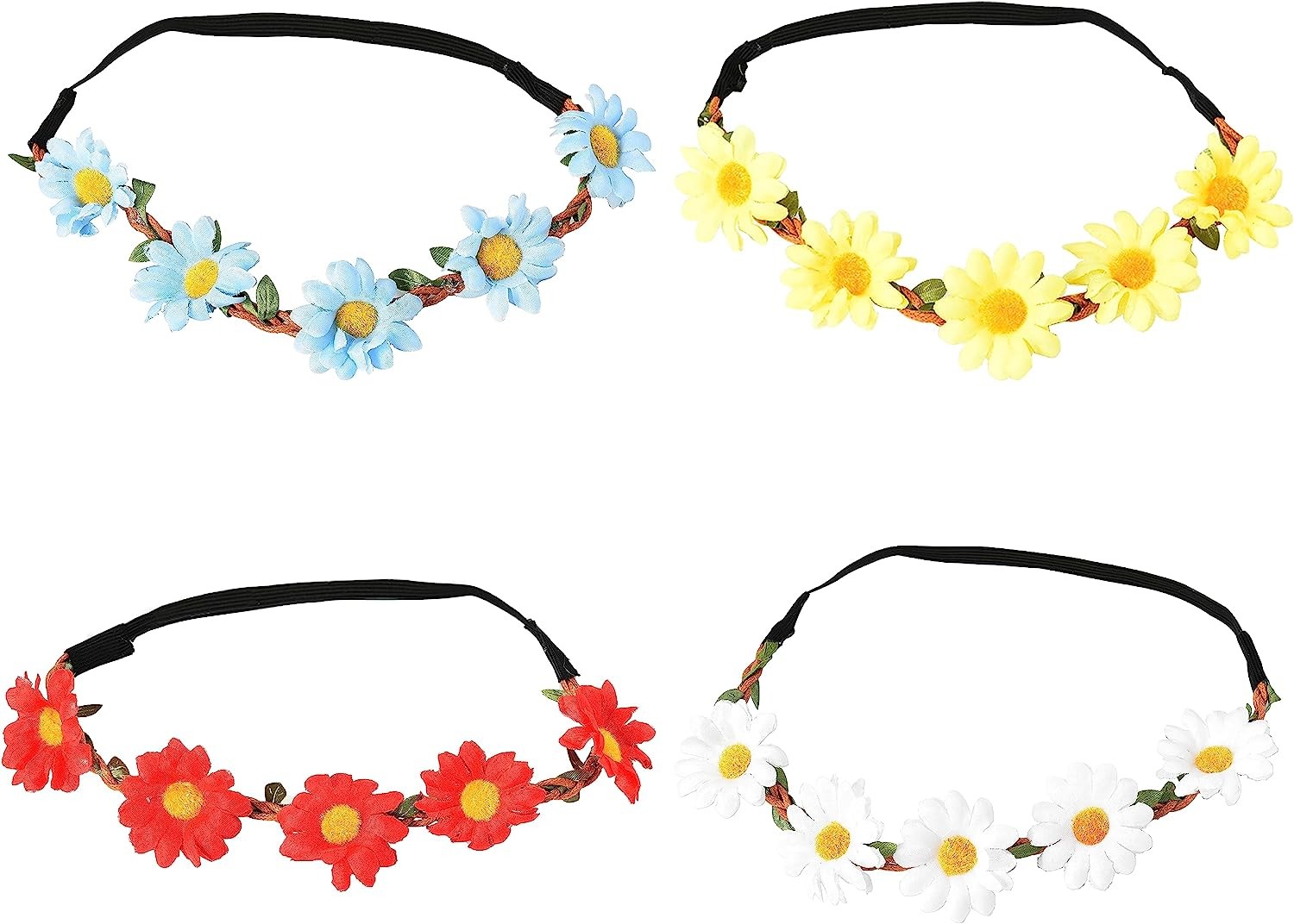 Daisy Flower Crown Headband Sunflower Headbands for Women Girls Daisy Floral Garland Sunflower Hair Wreath Daisy Headbands Flower Crowns for Women 4Pcs Boho Daisy Hair Accessories for Wedding Party