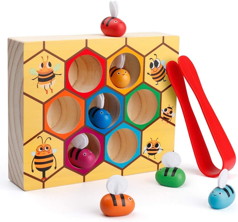 Coogam Toddler Fine Motor Skill Toy, Clamp Bee to Hive Matching Game, Montessori Wooden Color Sorting Puzzle, Early Learning Preschool Educational Toy for 2 3 4 Years Old Kids