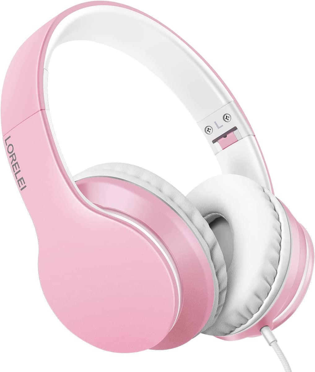 LORELEI X6 Over-Ear Headphones with Microphone, Lightweight Foldable & Portable Stereo Bass Headphones with 1.45M No-Tangle, Wired Headphones for Smartphone Tablet MP3 / 4 (Pearl Pink)