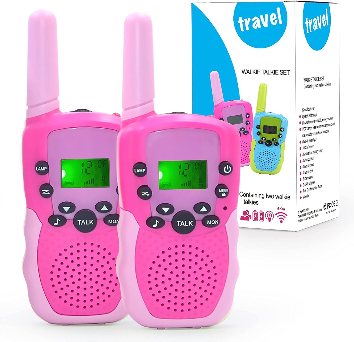 PELOSTA 2 Pack Walkie Talkies for Kids,Electronic Toys with 22 Channels & Flashlights & 3 Mile Range,Toddler Toy for 3-12 Year Old Preschool Boys Girls,Gifts for Sports Outdoor Game & Role Play(Pink)