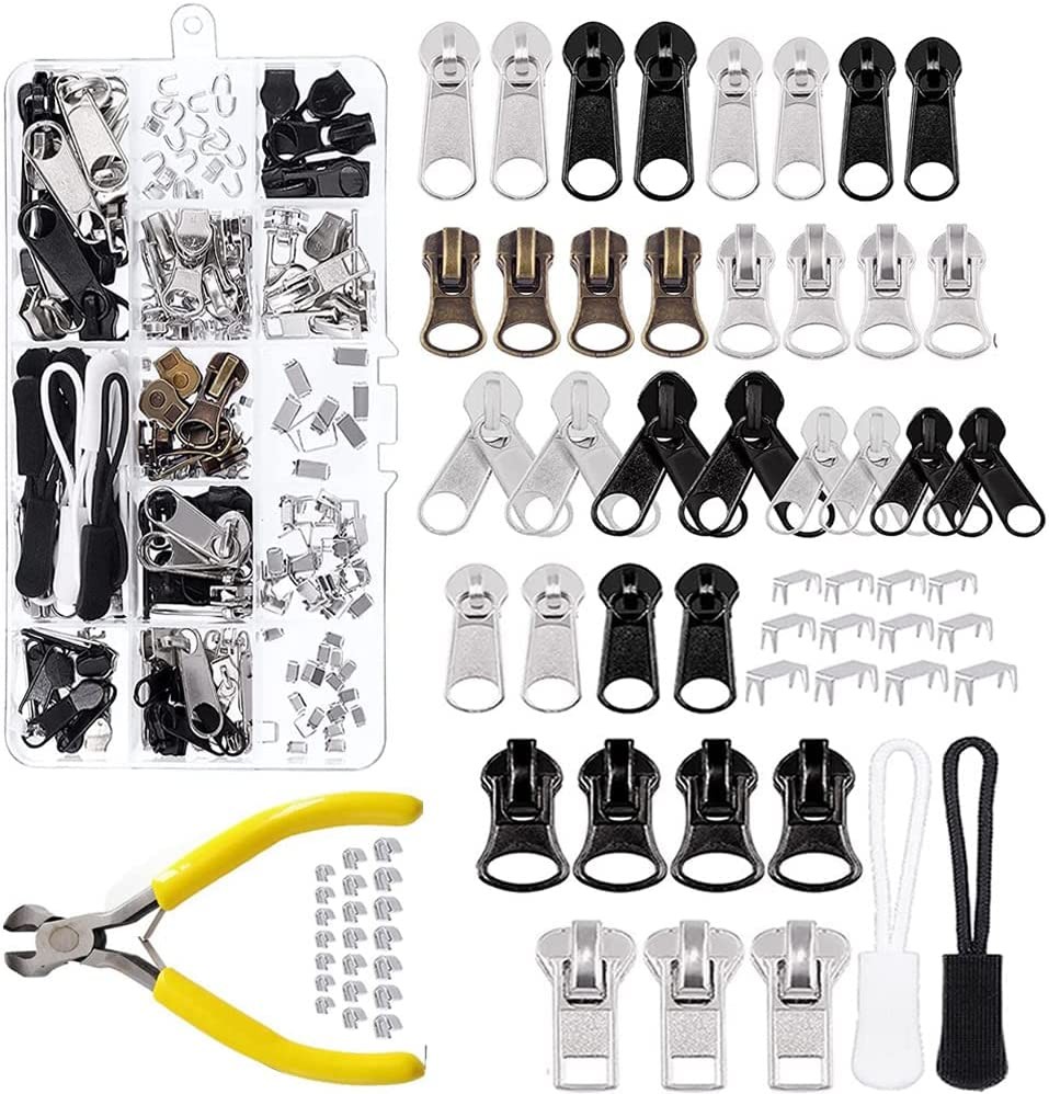 252 PCS Zipper Replacement, Zipper Repair Kit with Zipper Install Pliers Tool and Zipper Extension Pulls for Repair Clothing,Bags,Jackets, Tents,Luggage,Backpacks Silver Black and Sliver