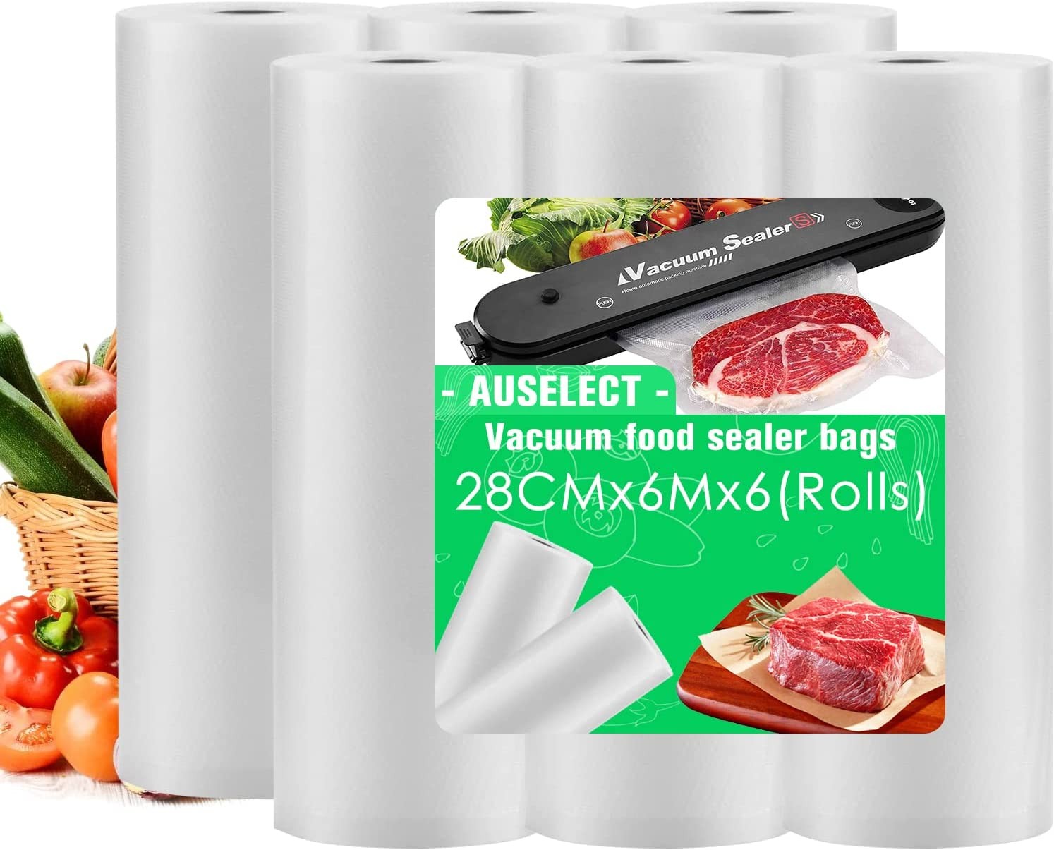 Vacuum Food Sealer Roll Bags 28Cmx6M 6 Pack AUSELECT Vacuum Seal Bags, Seal Storage Heat Commercial Grade Bag Rolls Compatible with All Vac Machines, Food Saver, Seal a Meal, Weston, Commercial Grade Quart Precut Meal Prep Storage Bags