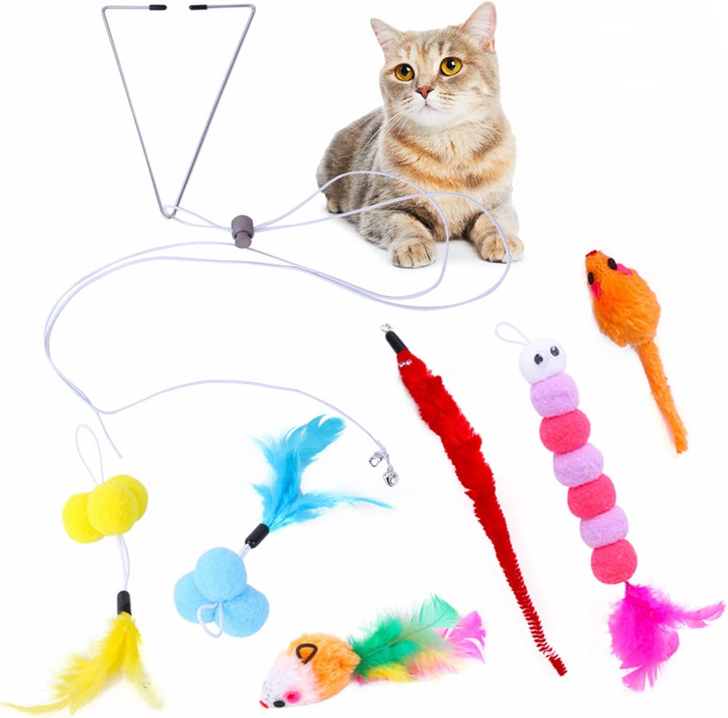 Taicols 6 Pcs Hanging Door Cat Toys Kitten Teaser Feather, Kitten Toys, Retractable Cat Exercise Toy Rope, Hanging Cat Toysfor Indoor Cats, Interactive Cat Huntingtoys for Kitten Play Chase Practice