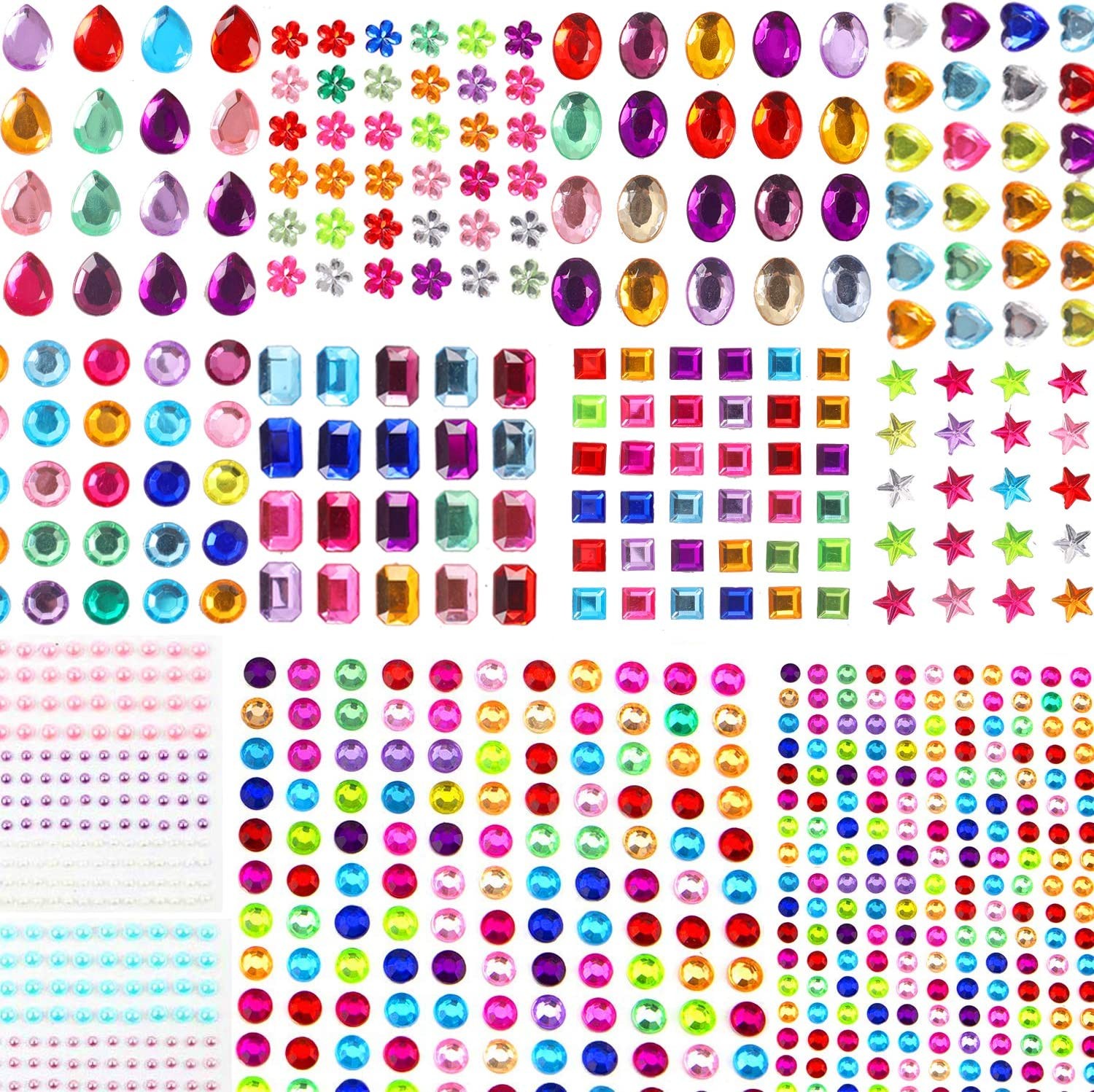 1782Pcs Gems Stickers, Self Adhesive Gems for Crafts Bling Rhinestones for Crafts, Assorted Shapes Jewels Rhinestones Stickers, Muticolor