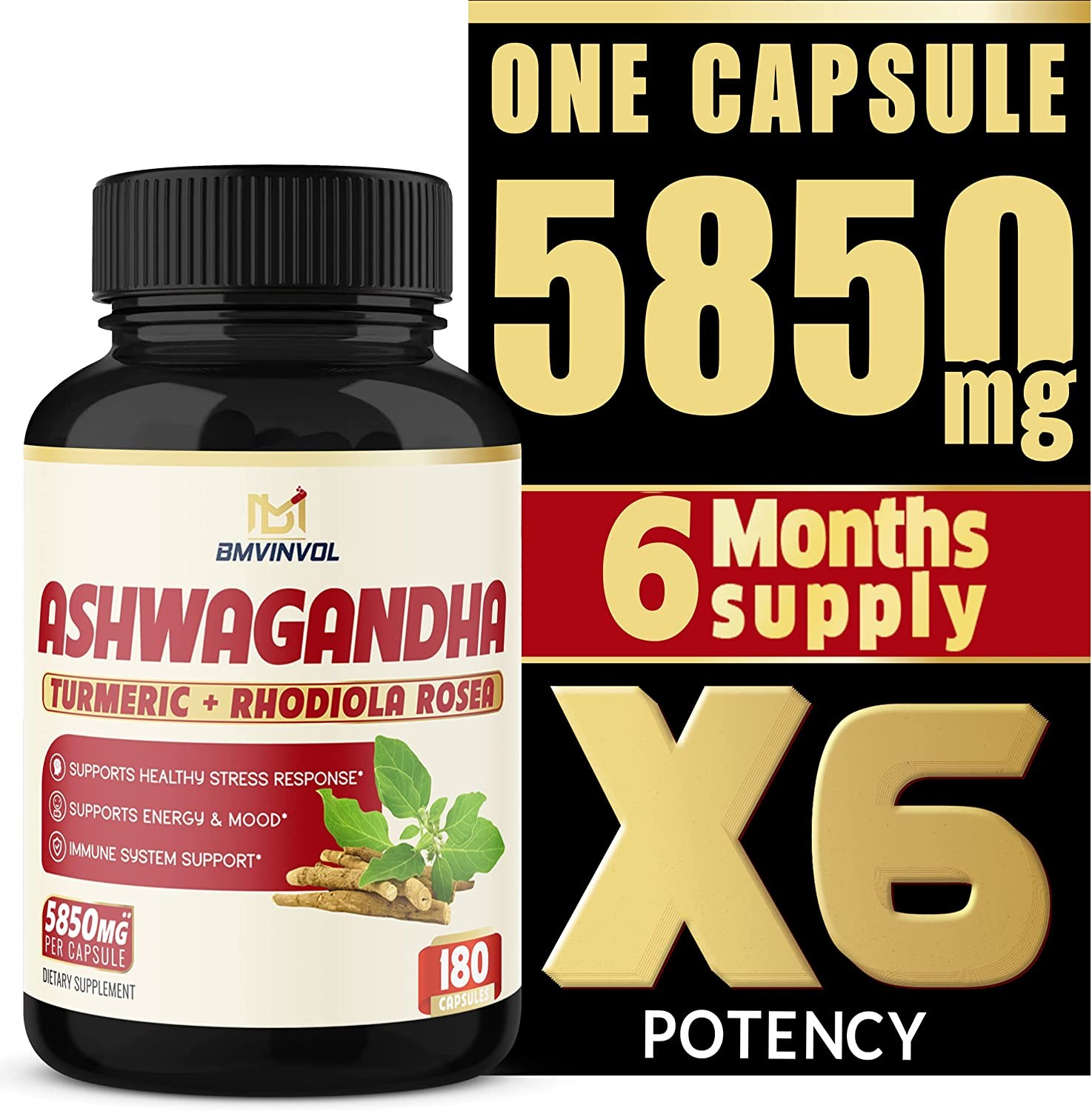 (6 Months Supply) Ashwagandha Extract Capsules 5850 Mg- 180 Capsules – Mood & Immune Support with St.John’S Wort, Turmeric, Rhodiola Rosea Extract