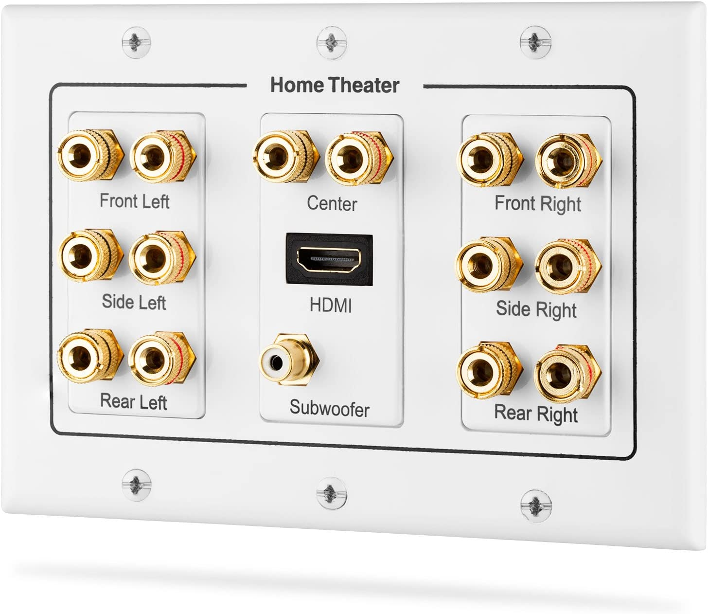 Fosmon 3-Gang 7.1 Surround Distribution Wall Plate, Home Theater Gold Plated Copper Banana Binding Post Coupler Type Wall Plate for 7 Speakers, 1 RCA Jack for Subwoofer and 1 HDMI Port