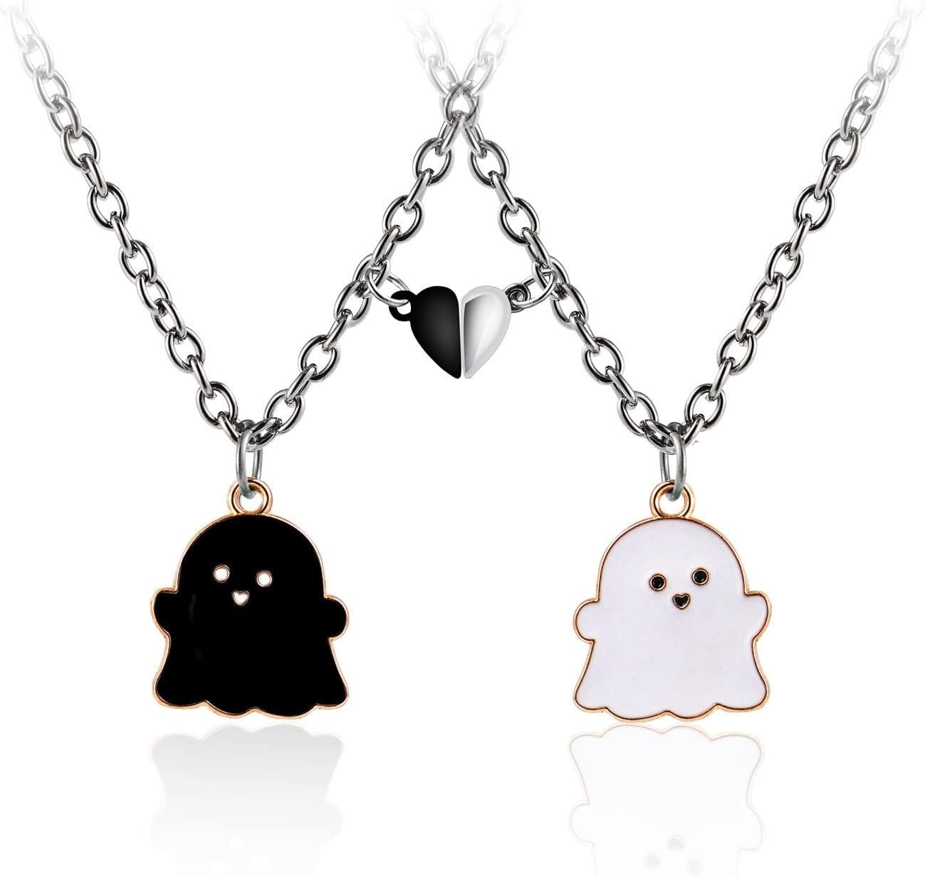 2Pcs Lovely Magnetic Love Heart Ghost Pendant Necklace Set for Women Men Best Friend Girl Boy Teen Enamel Mutual Attract Magnet Couple Matching Necklace Halloween Jewelry Birthday BFF Gift