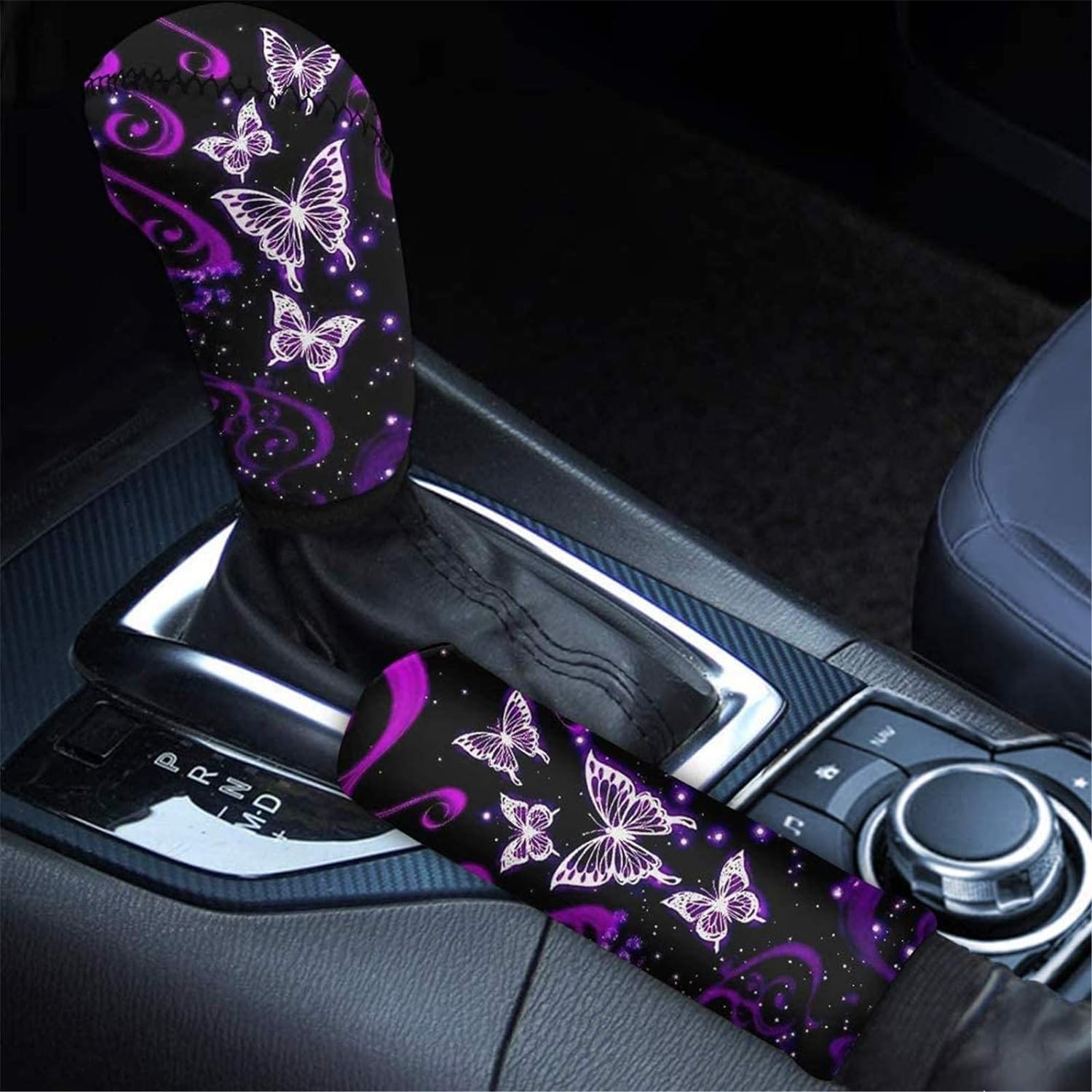 KEIAHUAN Purple Butterfly Gear Shift Knobs &Handbrake Cover Set of 2 Pieces for Women Girls Auto Accessories Case Sleeve Universal for SUV Van Truck Sedan Hand Break Protect