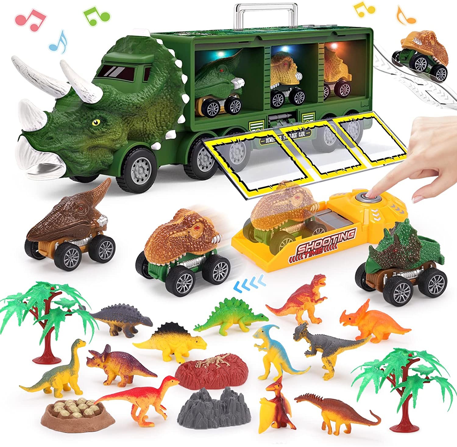 PELOSTA Dinosaur Toys for 3 4 5 6 7 Year Old Kid Boy Girl, Dinosaur Carrier Truck with Lights, Music & Roaring Sound, 3 Pull Back Cars, 12 Dinosaur Figures, Educational Toy Gift for Kids 3-8 Years Old