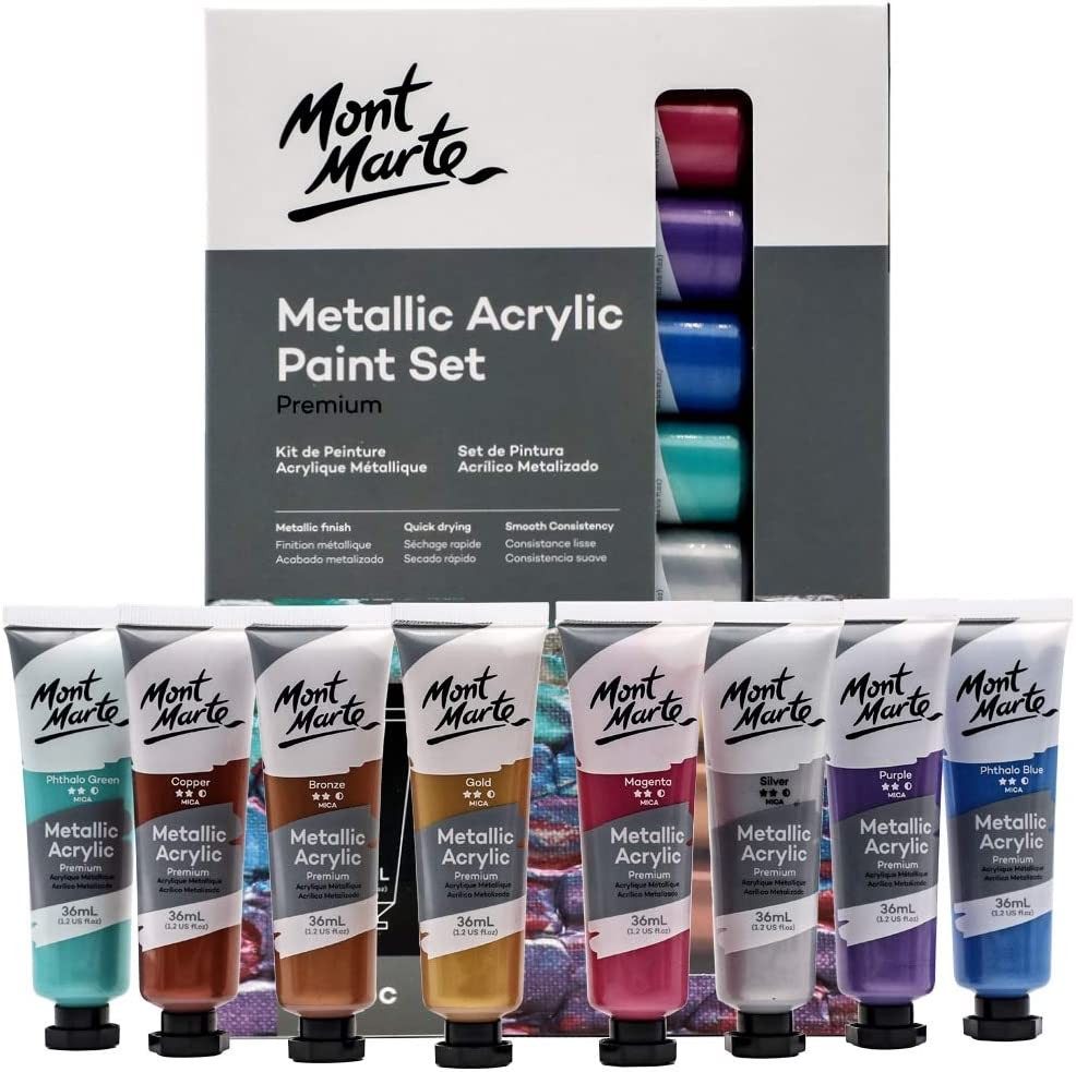 Mont Marte Metallic Acrylic Paint Set 8 Piece X 36 Ml Tubes, Lightfast Colors with Smooth Consistency and Opaque Metallic Finish.