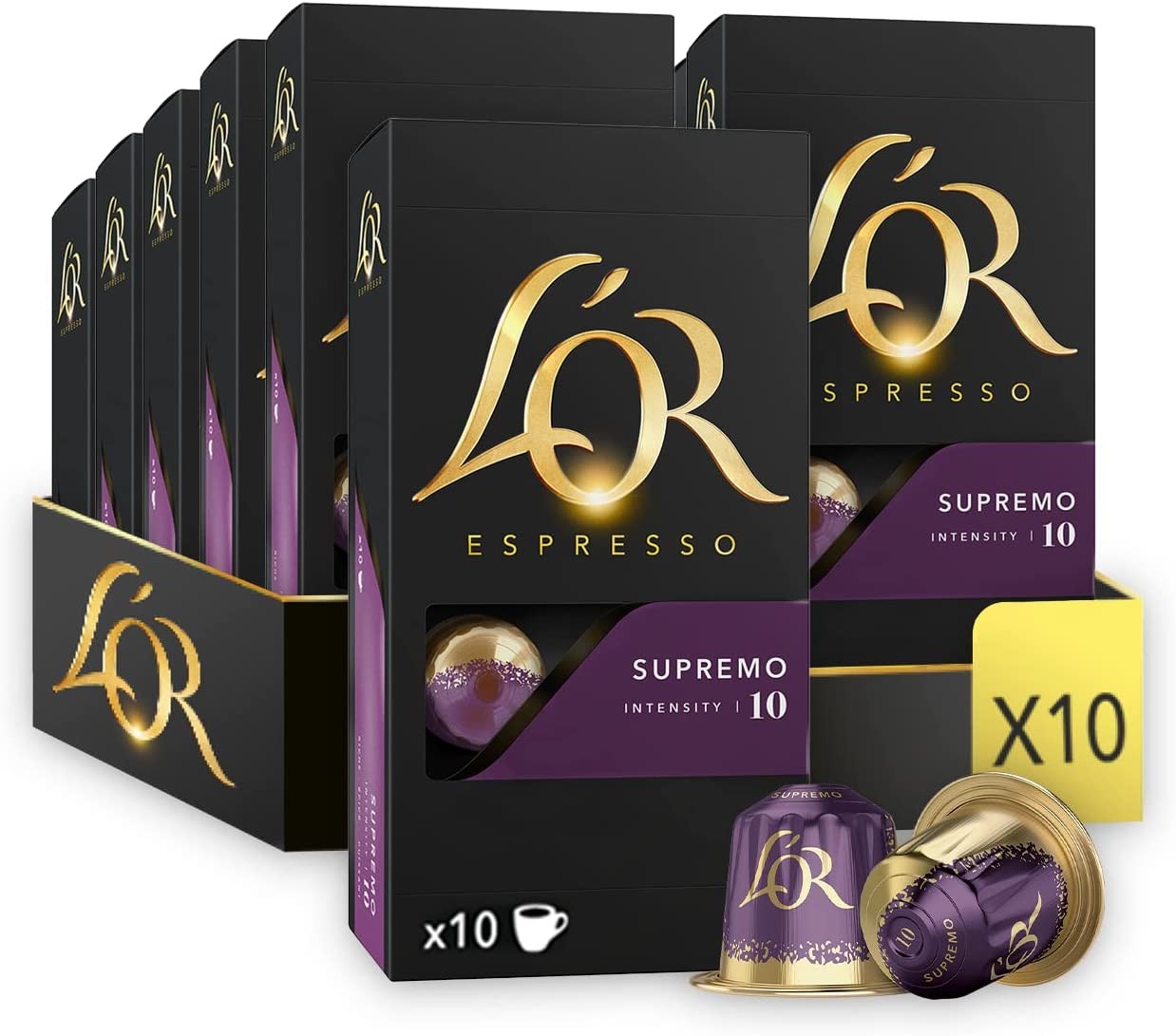 L’OR Espresso Coffee Supremo Coffee – Intensity 10 – 100 Aluminium Capsules Compatible with Nespresso Machines (10X10 Pods Pack)