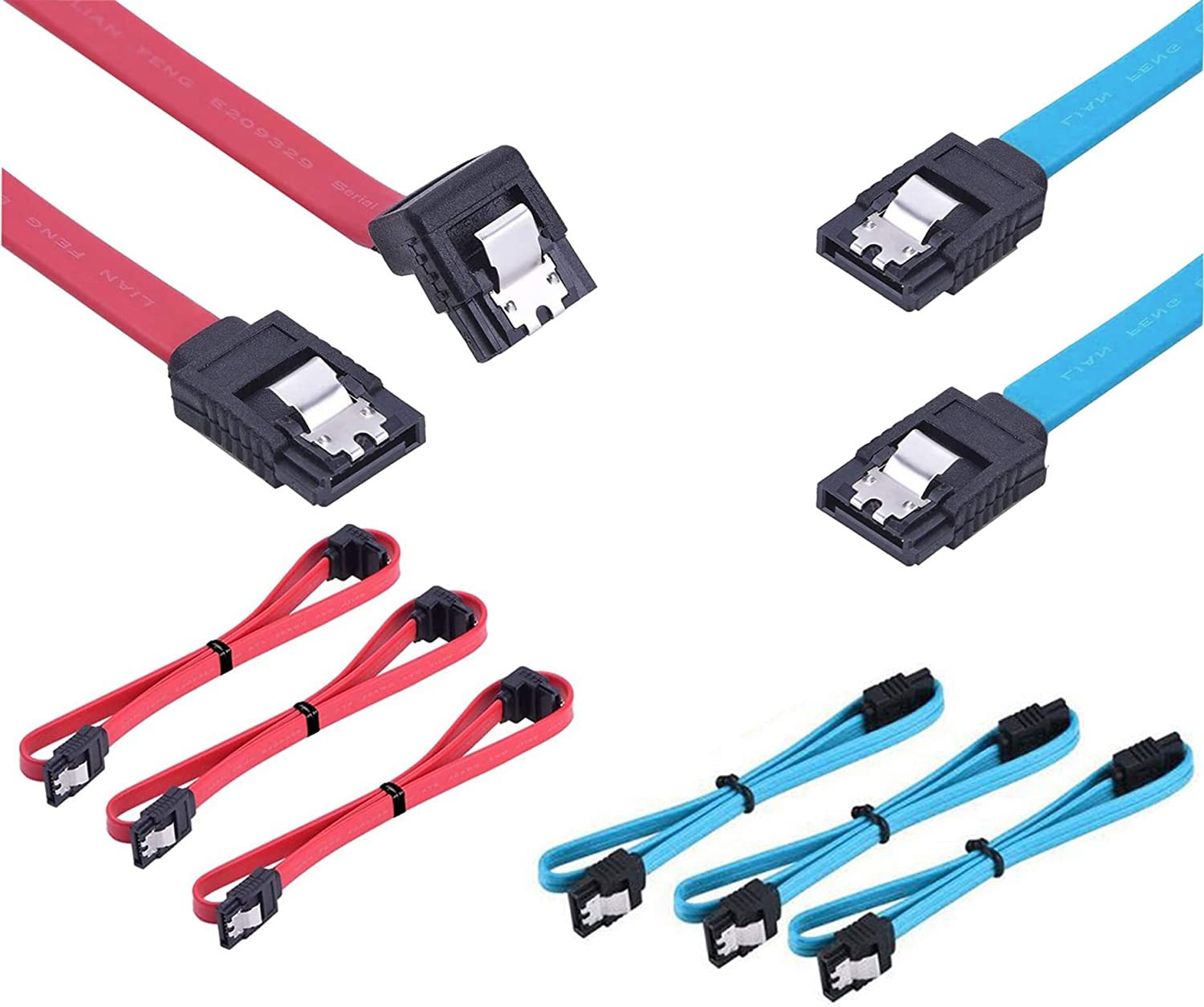 SATA III 3.0 Cable, T Tersely 6-Pack (3 Straight+3 Angle) 19-Inch / 50Cm SATA III 6.0 Gbps 7Pin Straight/Right-Angle HDD SSD Cd Driver, Cd Writer Data Cable with Locking Latch (3X Blue, 3X Red)