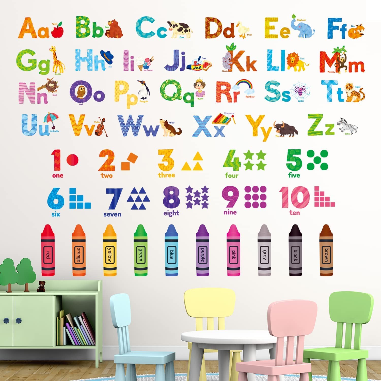 DECOWALL DS-8044 Animal Alphabet Numbers Colour Decals Stickers Kids Peel and Stick Removable for Room Décor Letters ABC Classroom Playroom Decorations Educational Bedroom Nursery