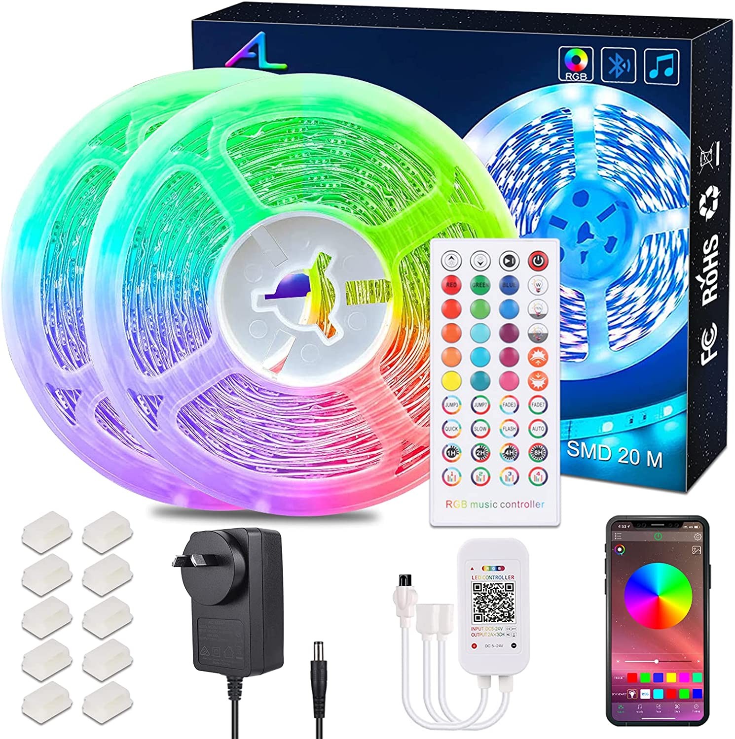 20M/65.6Ft Bluetooth Led Strip Light?Aled LIGHT Music Sync Flexible Color Changing RGB 5050 12V Rope Light Strips Kit with IR Remote App Control for Home, DIY Decoration