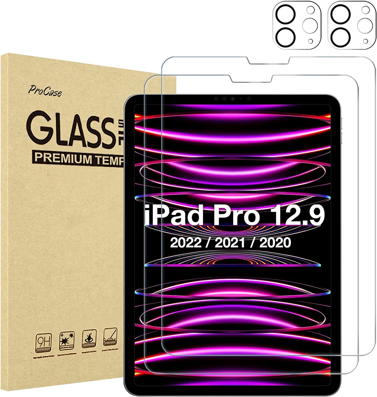 Procase 2+2 Pack Screen Protector for Ipad Pro 12.9 Inch 6Th 5Th 4Th Generation 2022 2021 2020 with Camera Lens Protector, Tempered Glass Film Guard for Ipad Pro 12.9″