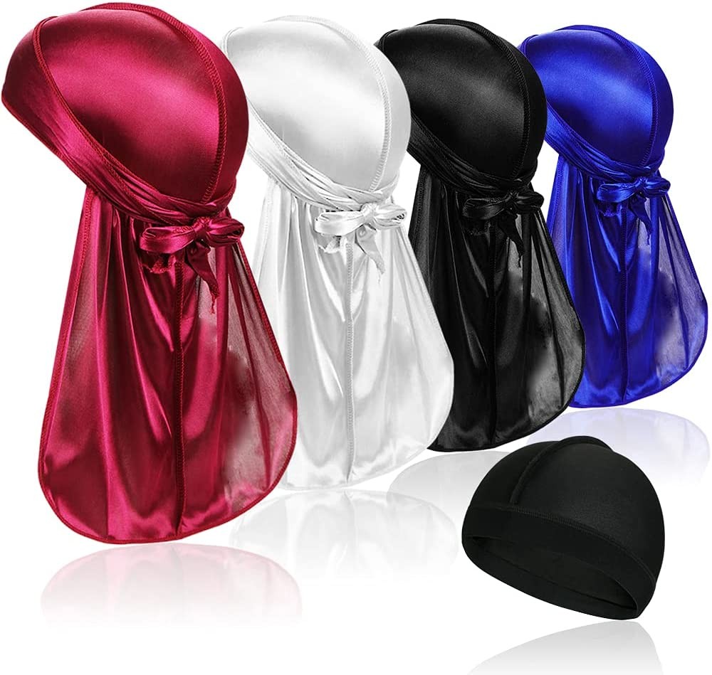 Dumrotite 4 Pcs Silky Durag Headwraps with Long Tail and 1 Piece Wave Cap Perfect for Men 360 Waves