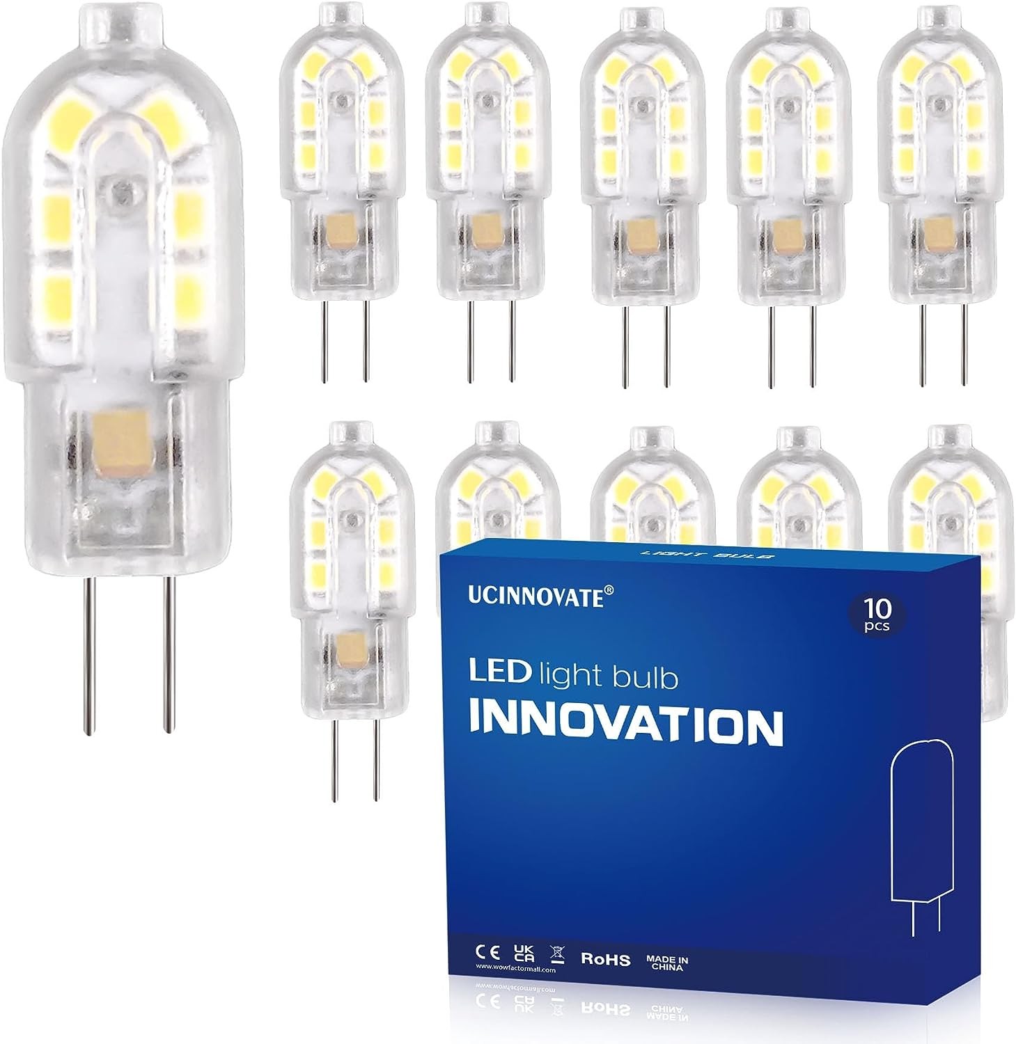 UCINNOVATE 10X G4 LED Light Bulbs, 2W (20W Equivalent) Replace Halogen Bulb, Non-Dimmable, Warm White, for Chandelier Home Lighting Lamp Decoration AC/DC 12V