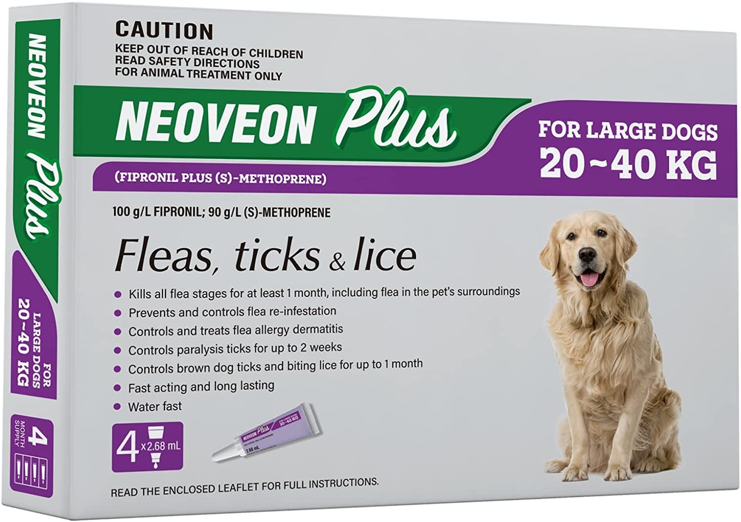 Neoveon plus for Large Dogs (20-40Kg), 4 Pack. Controls Ticks, Fleas and Lice, Purple (FP011-11)