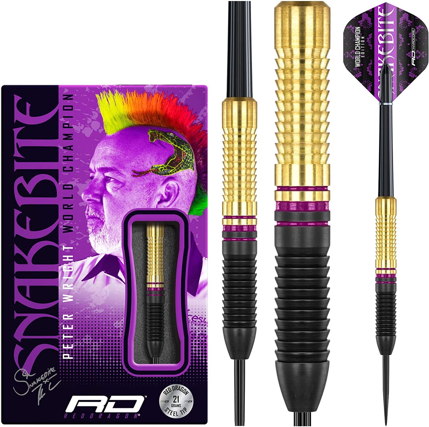 RED DRAGON Peter Wright Snakebite World Champion 2020 Darts Set – 21 Gram Brass Edition Including Flights and Stems