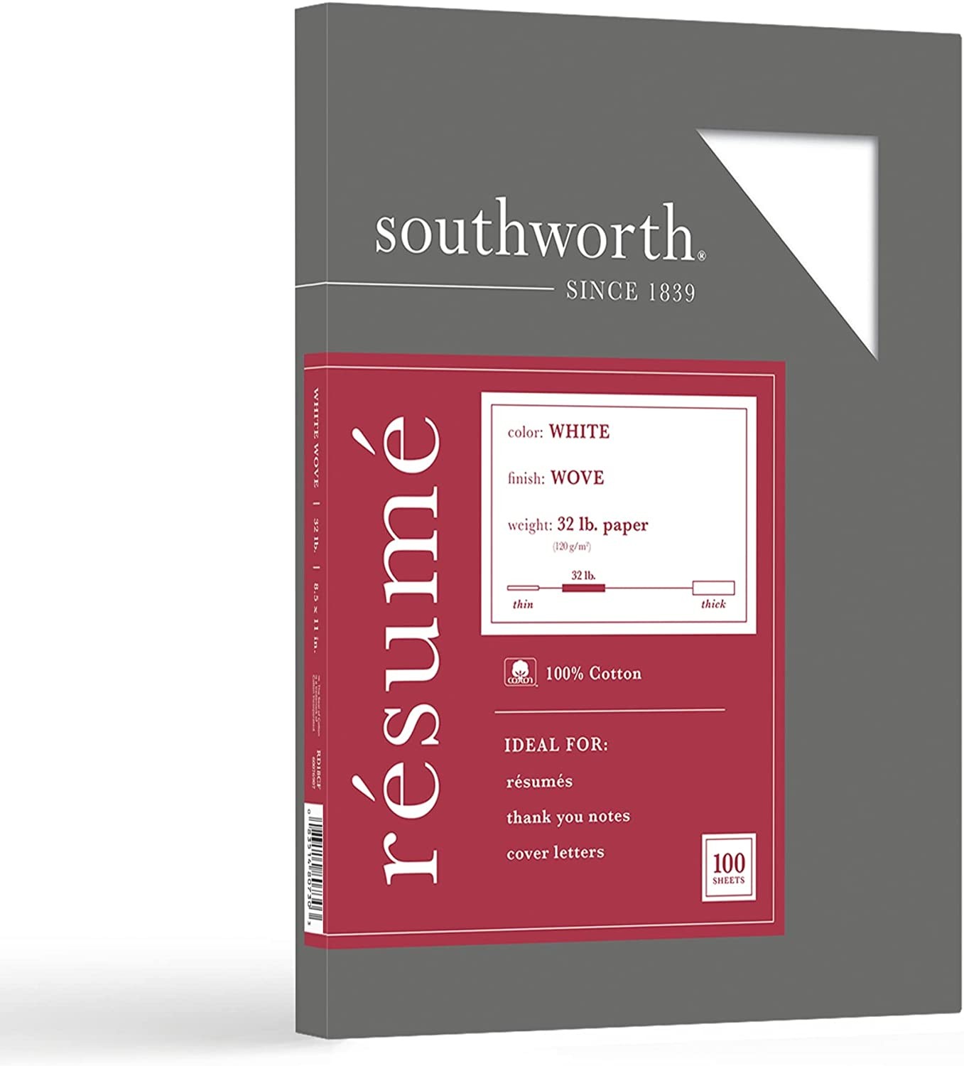 Southworth 100% Cotton Resume Paper, 8.5″ X 11″, 32 Lb/120 GSM, White, 100 Sheets – Packaging May Vary (RD18CF)