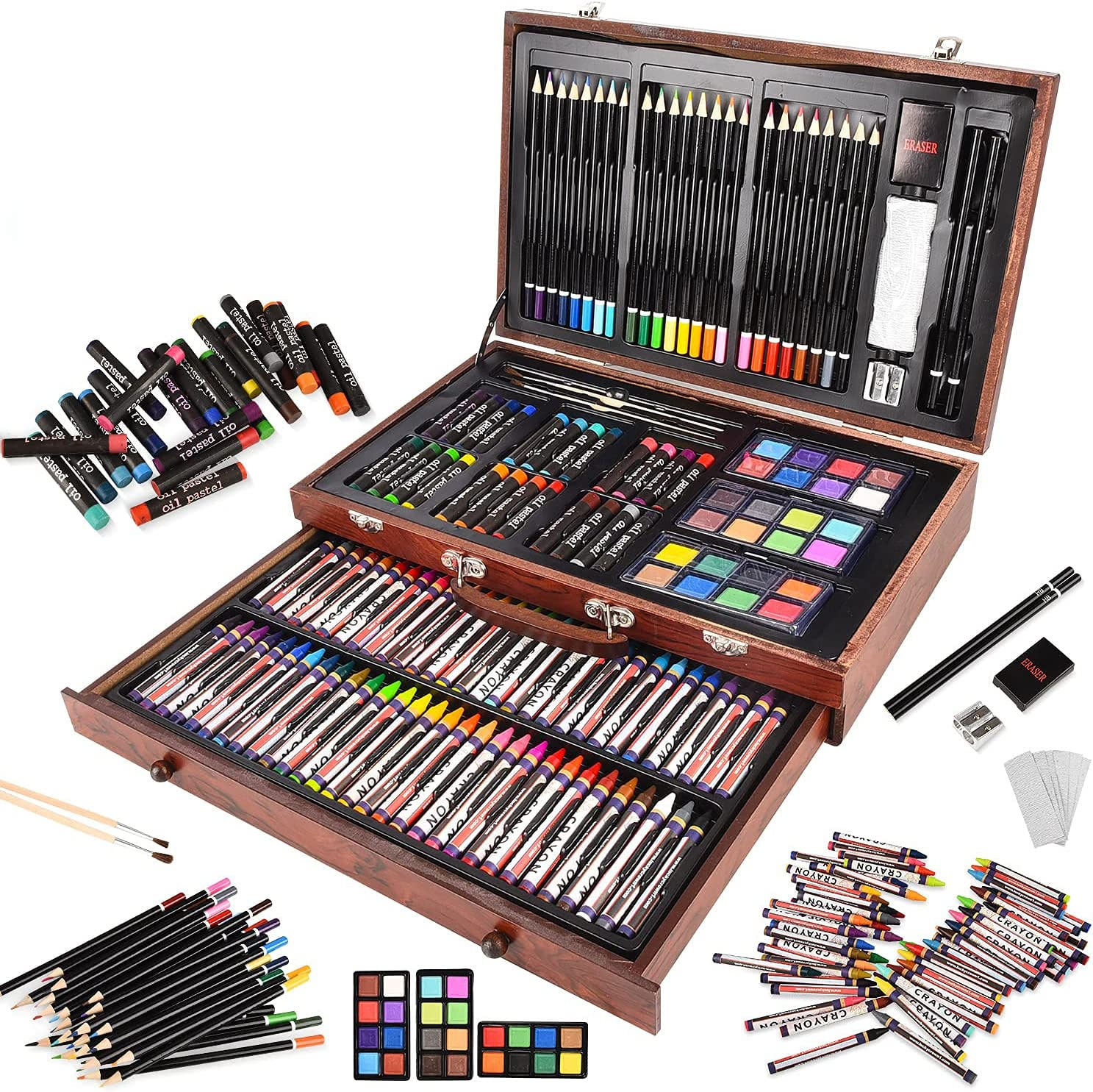 143 Piece Deluxe Art Set in Wooden Box with Handle, Art Supplies for Kids and Adults, Professional Painting & Drawing Tool Set for Artists