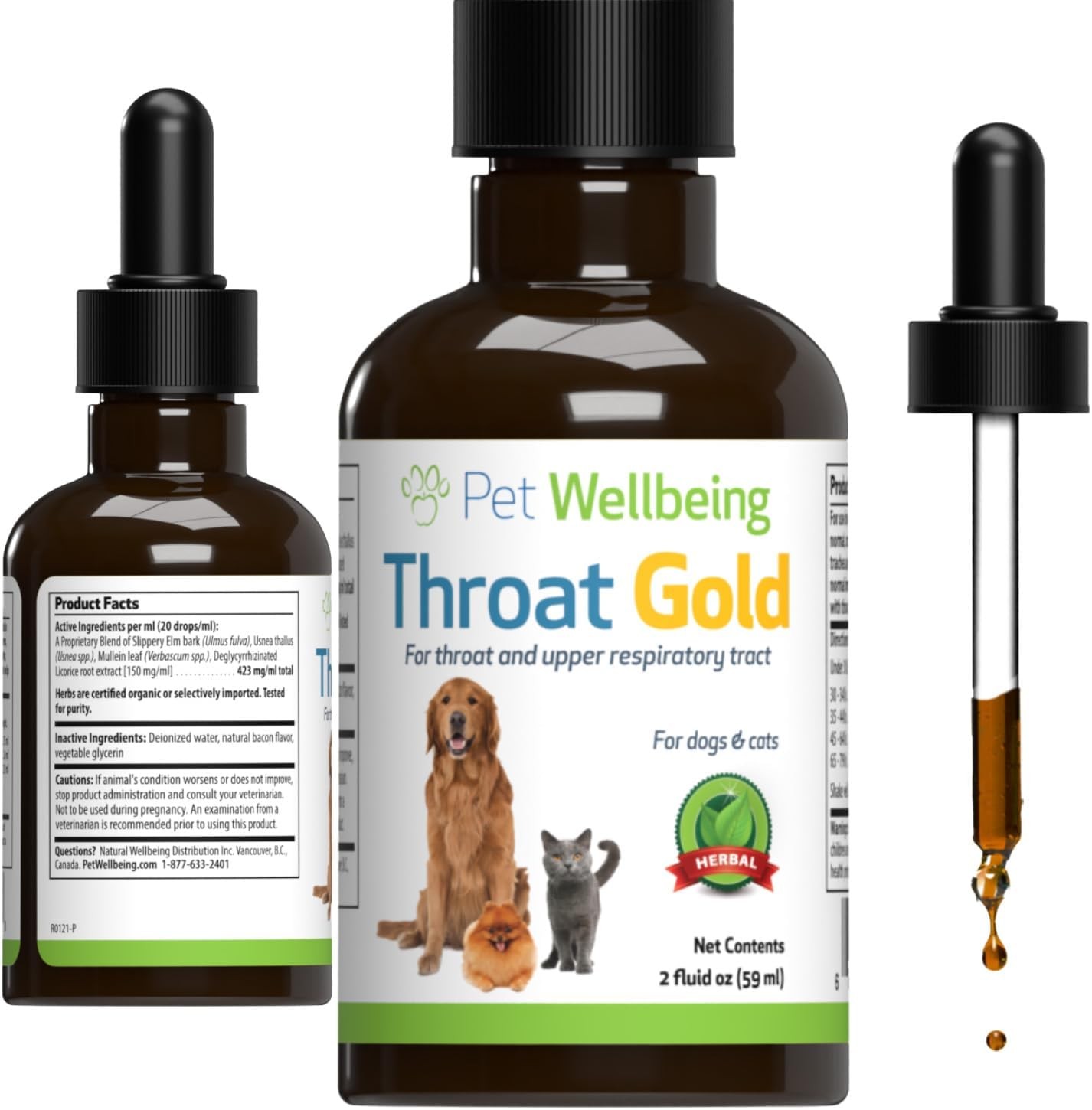 Pet Wellbeing Throat Gold for Dogs – Natural Herbal Cough, Throat and Respiratory Support for Dogs – 2 Oz(59Ml)