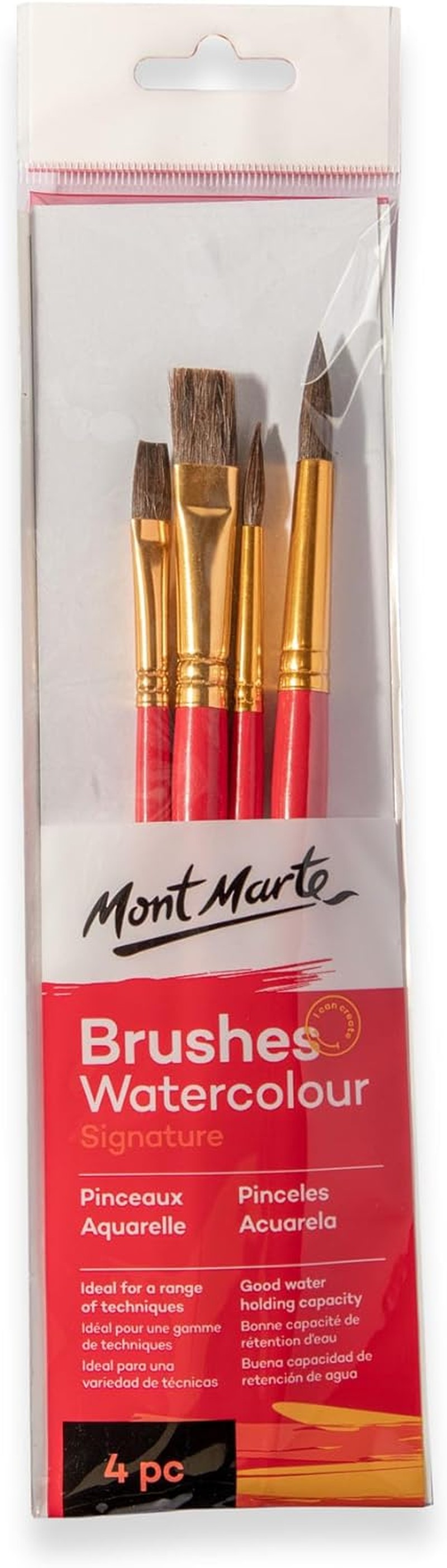 Mont Marte Gallery Series Watercolour Brush Set, 4 Piece. Selection of Pony Hair Paint Brushes Commonly Used in Watercolour Painting