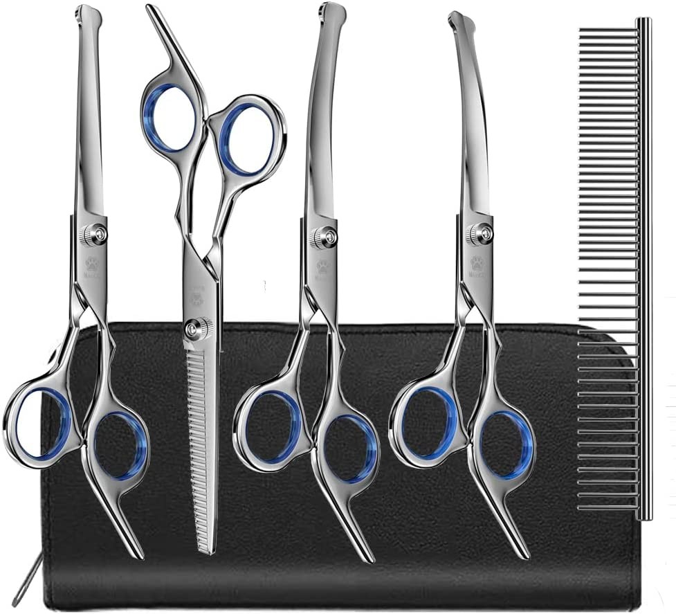 MAOCG Dog Grooming Scissors Set with Safety round Tip, Titanium Coated Curved, Thinning and Straight Pet Grooming Scissors Kit for Dogs and Cats.