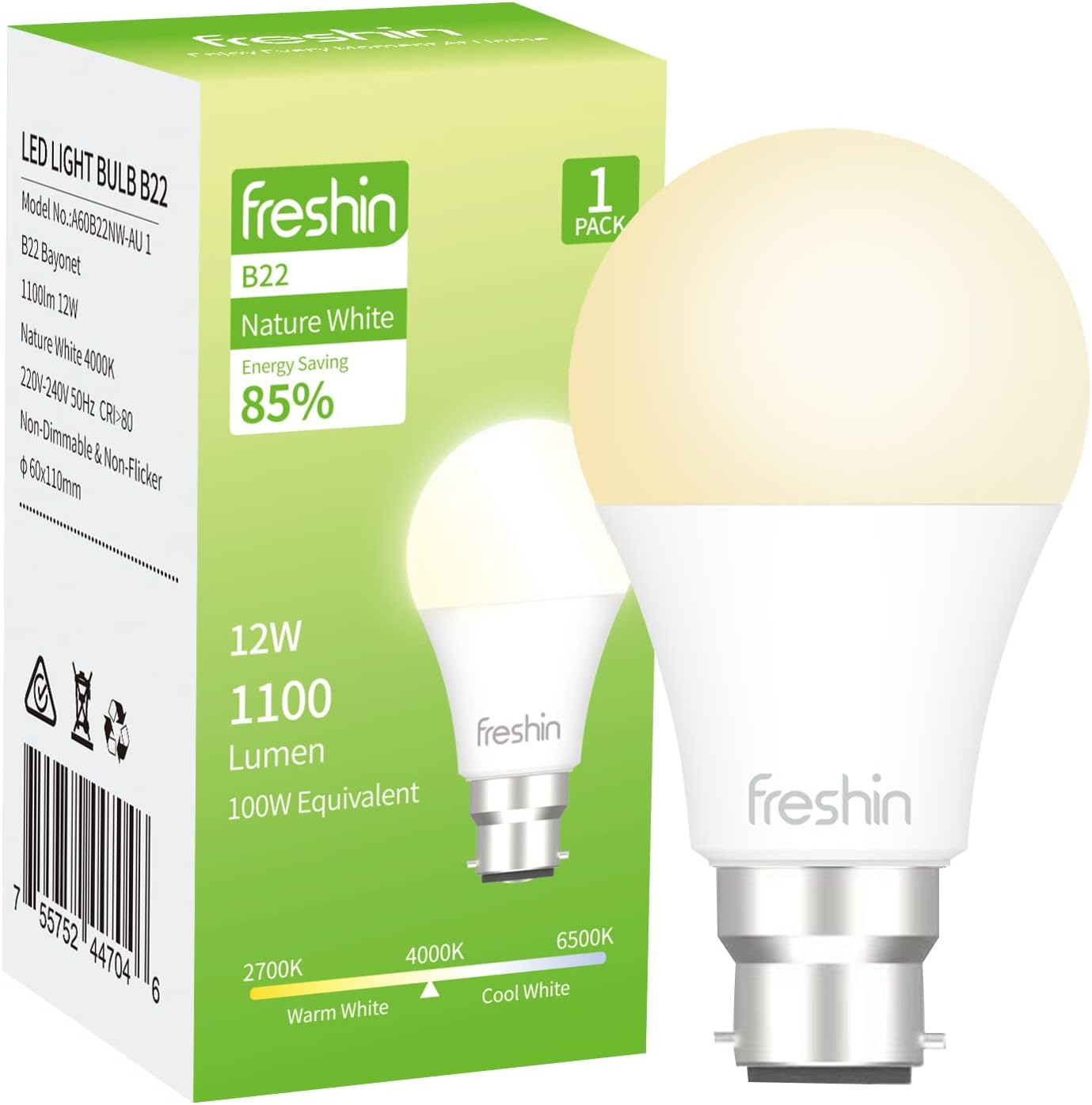 12W Light Bulb FRESHIN Bayonet B22 100 Watt Equivalent LED Light Bulbs 4000K Nature White 1100Lm CRI 80+, Non-Dimmable, No Flicker, Long Lasting (1)