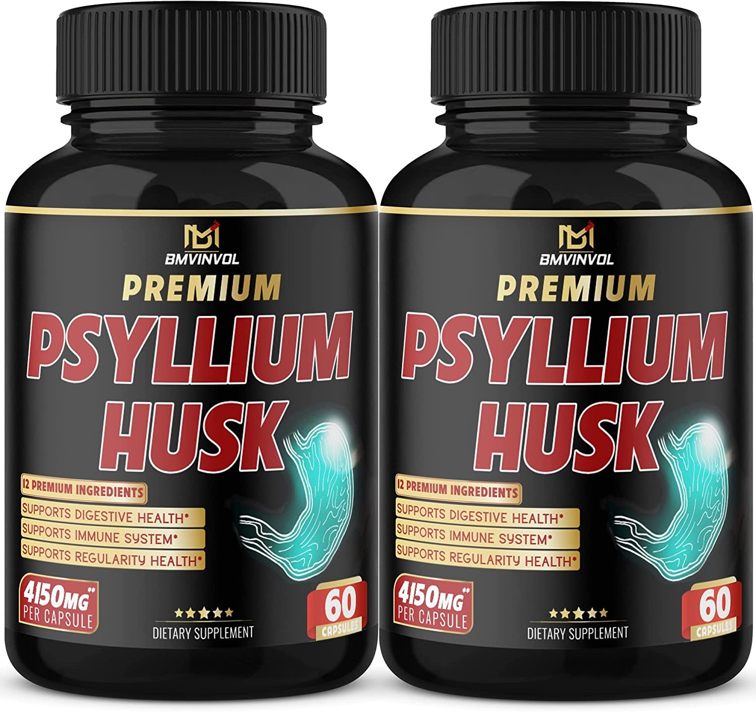 (2 Packs) Premium Psyllium Husk Capsules 4150Mg – 4 Months Supply – Ginger, Fenugreek, Turmeric – Psyllium Fiber Capsules for Supports Digestion & Regularity