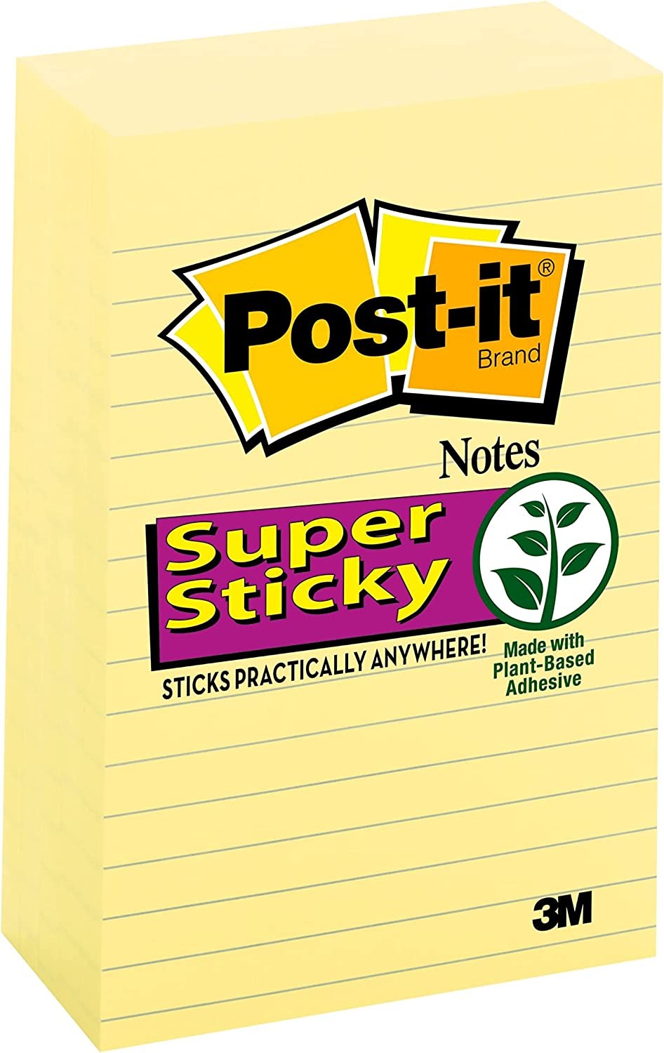 Post-It Super Sticky Notes, 4 in X 6 In, Canary Yellow, Lined, 5 Pads/Pack, 90 Sheets/Pad (660-5SSCY)