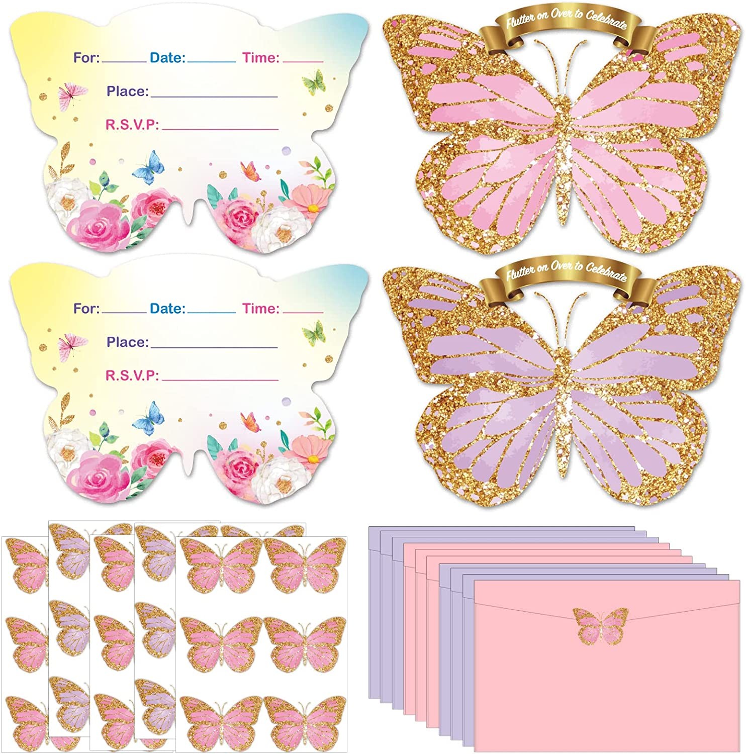 Qyeahkj 36Pcs Butterfly Birthday Party Invitations Cards with Envelopes Stickers Floral Butterfly Party Celebration Party Supplies Favors for Kids Girls Boys Baby Shower Wedding Decorations