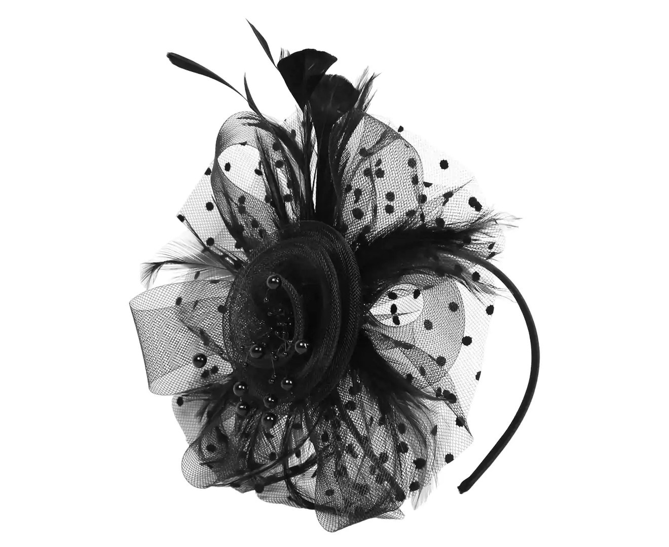 Imitation Pearls Decor Sweet Fascinator Hat with Headband Faux Feather Flower Mesh Shape Party Headgear Photograph Props – Black