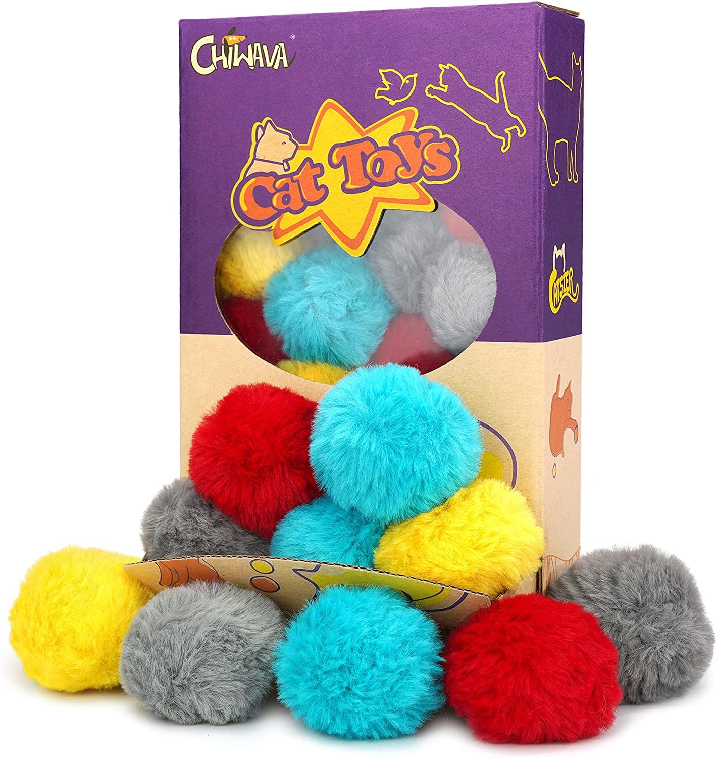 Chiwava 24PCS 1.8″ Catnip Furry Cat Toys Ball Soft Pom Pom Balls Kitten Chase Quiet Play Assorted Color