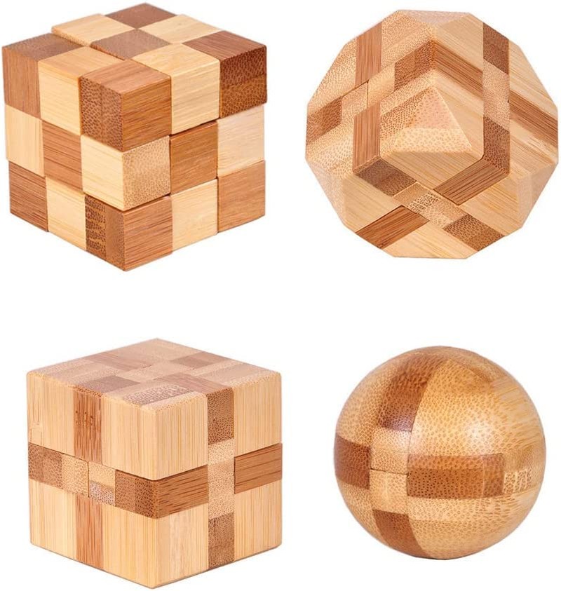 4 Pack Wooden Puzzle Games Brain Teasers Toy- 3D Puzzles for Teens and Adults – Wooden Logic Puzzle Wood Snake Cube Magic Cube Magic Ball Brain Teaser Intellectual Removing Assembling Toy