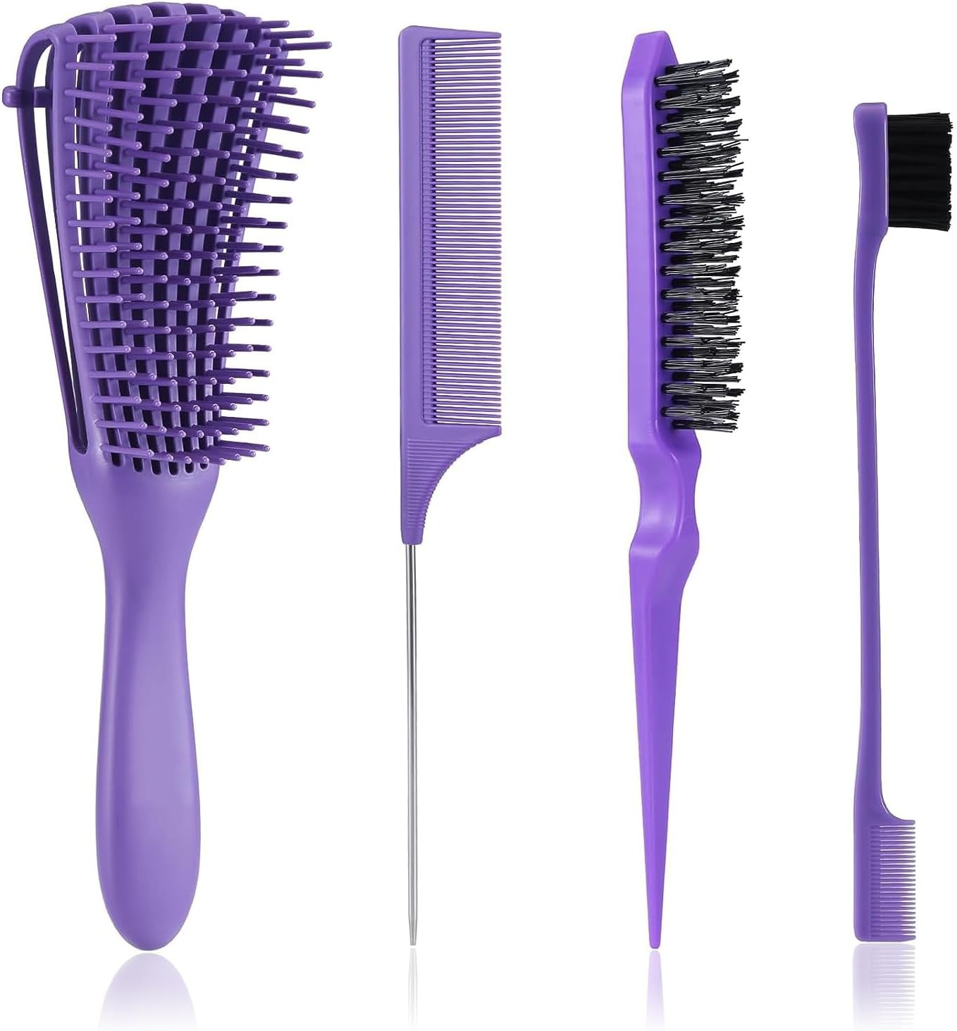 Detangling Brush with Hair Styling Comb Set, Hair Brushes for Women Men Kids Curly Hair, Hair Brush Set Include Detangler Brush Teasing Hair Brush Rat Tail Comb Edge Brush (Purple)