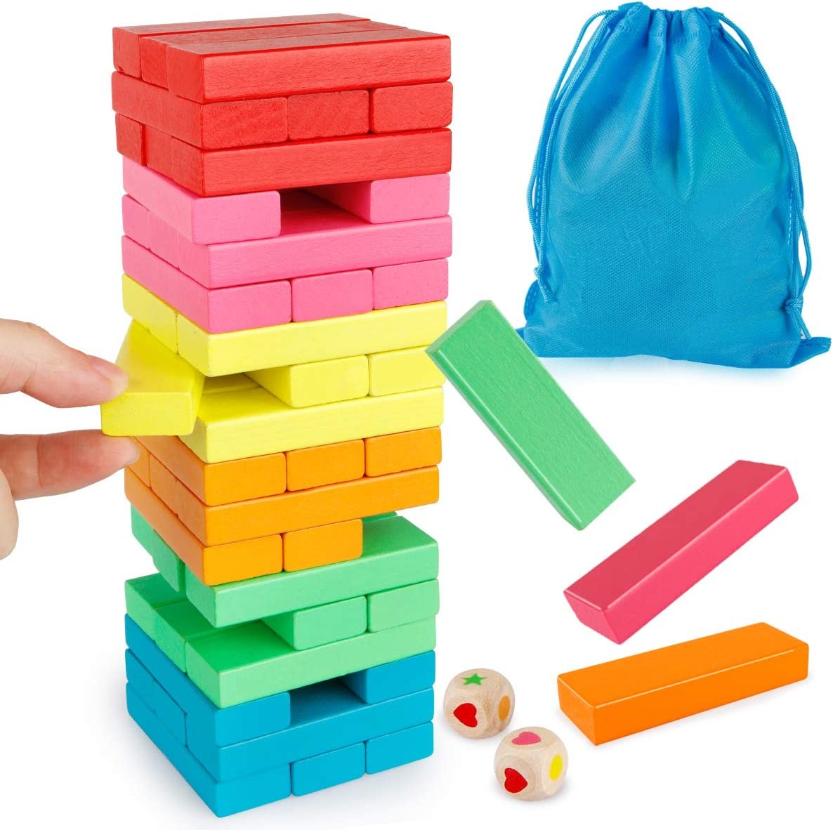 Coogam Wooden Blocks Stacking Game with Storage Bag, Colorful Toppling Tower Building Blocks Balancing Puzzles Toys Learning Educational Sorting Family Games Montessori Toys for Kids Toddlers