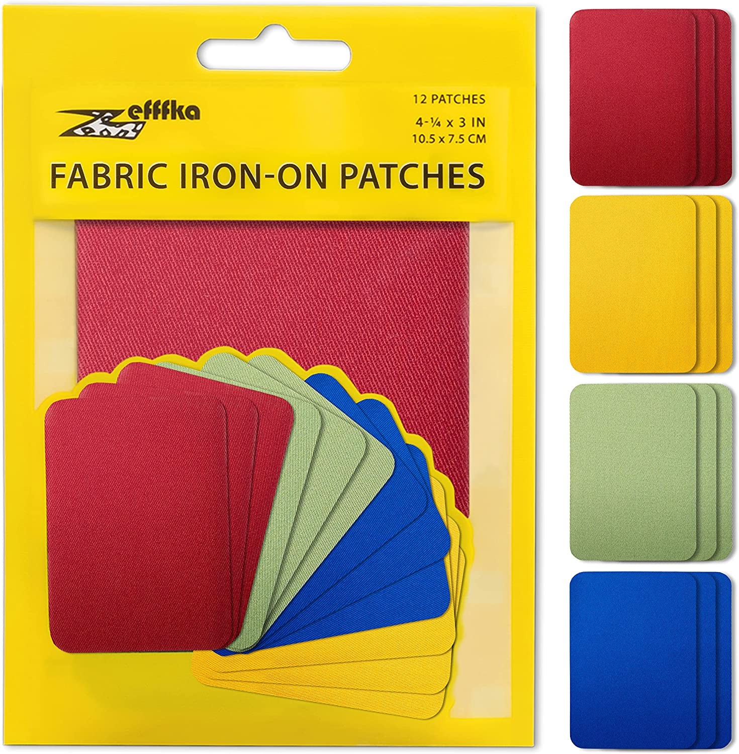 ZEFFFKA Premium Quality Fabric Iron-On Patches inside & outside Strongest Glue 100% Cotton Red Green Blue Brown Repair Decorating Kit 12 Pieces Size 3″ by 4-1/4″ (7.5 Cm X 10.5 Cm)