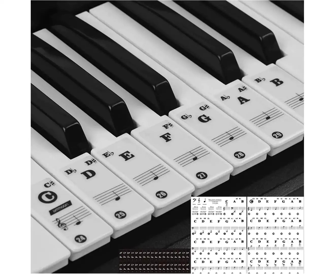 Piano Keyboard Stickers – 88/61/54/49/37 Keys, 52 White and 36 Black Note Labels Stickers Full Set, Transparent and Removable, Interesting Piano Guide