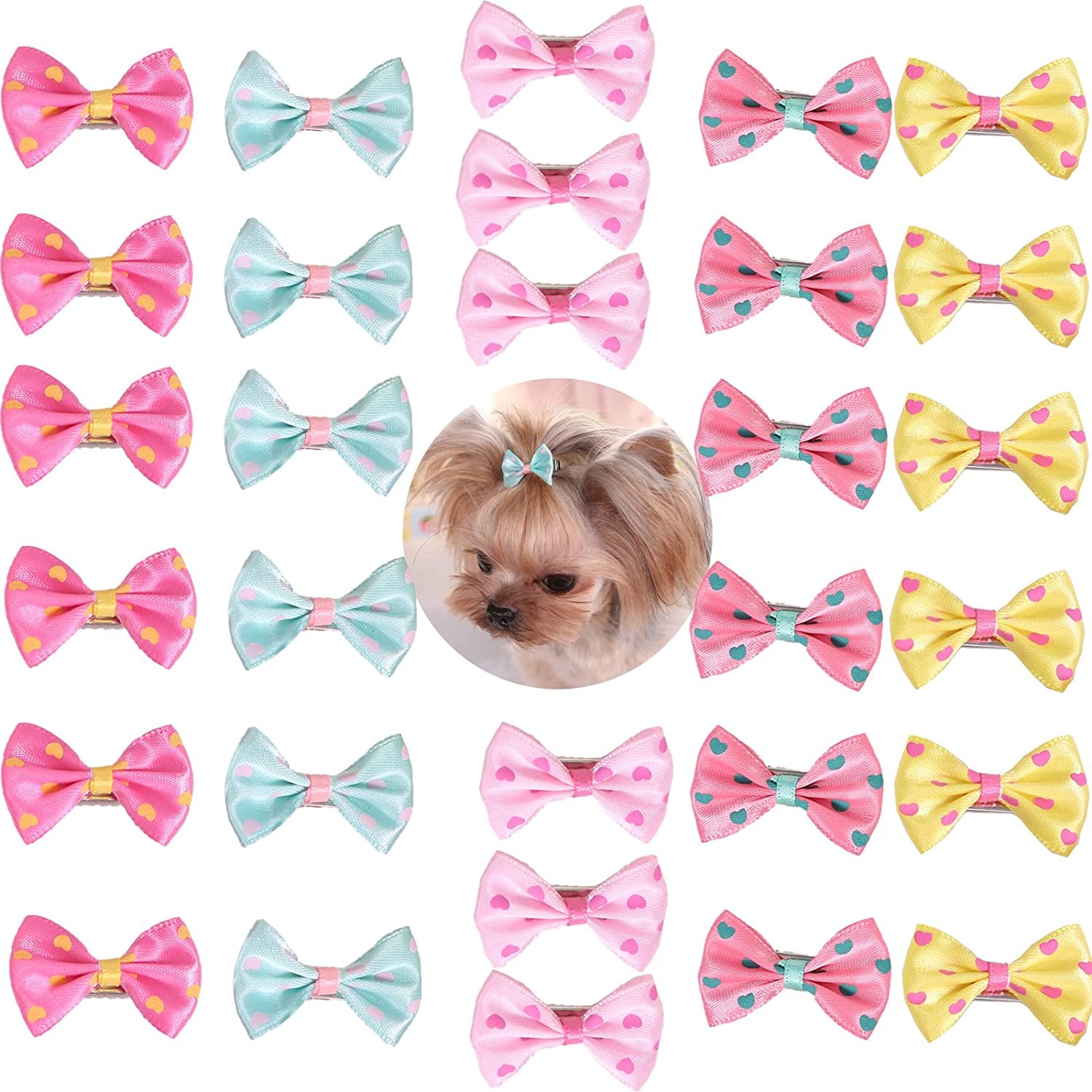 Aoozleny Pet Hair Clips, 30Pcs 3.5CM/1.37 Inches Bowknot Bows Dots Pet Hair Clips for Dog Cats Puppy,Random Color