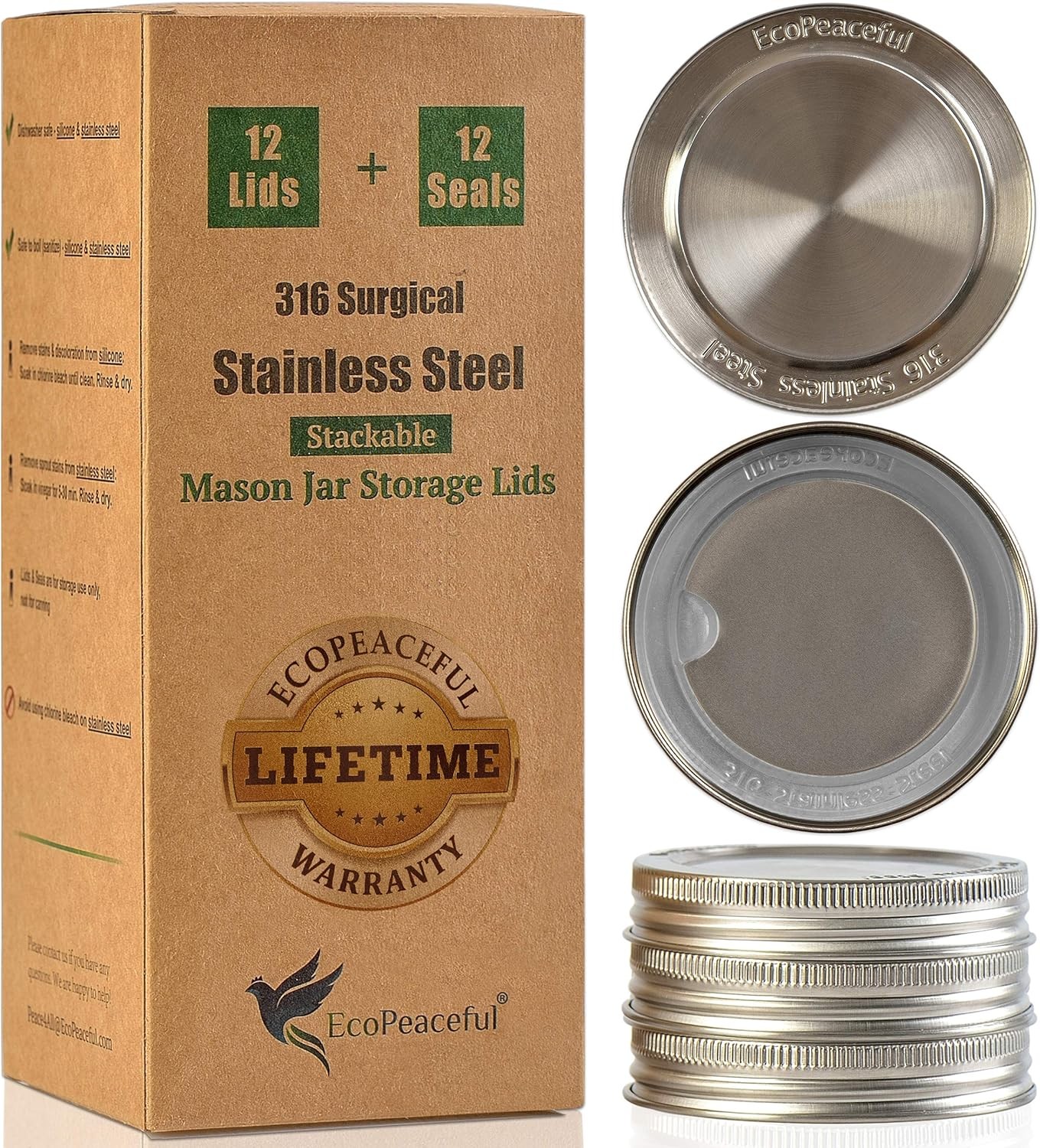 Ecopeaceful 316 Surgical Stainless Steel Mason Jar Lids REGULAR Mouth,Original Design,Stackable W/Pull-Tab Silicone Seal. Rust-Proof, Airtight, Leak-Proof, Vegan, Bpa-Free, Reusable,Not for Canning