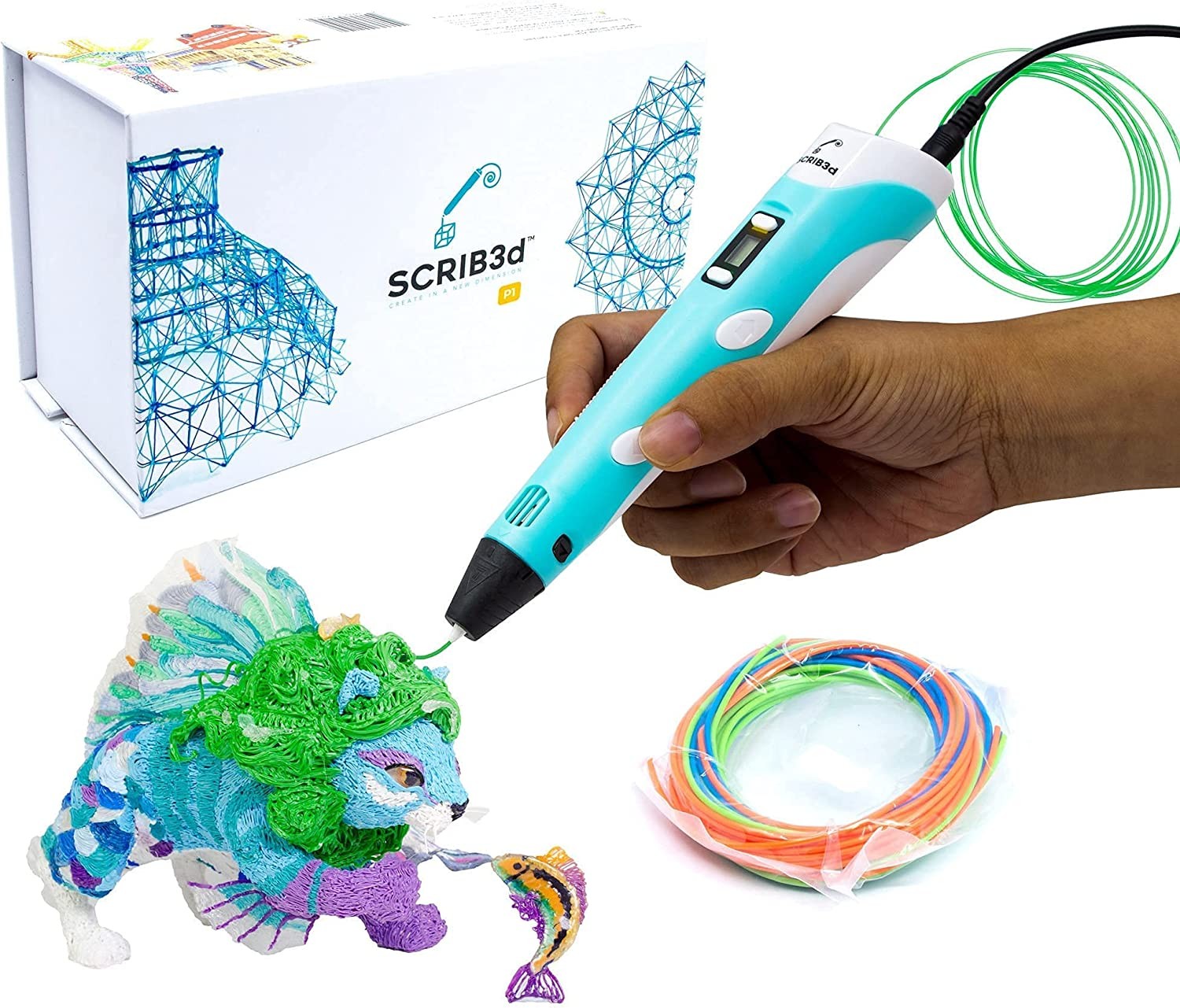 SCRIB3D P1 3D Printing Pen with Display – Includes 3D Pen, 3 Starter Colors of PLA Filament, Stencil Book + Project Guide, and Charger