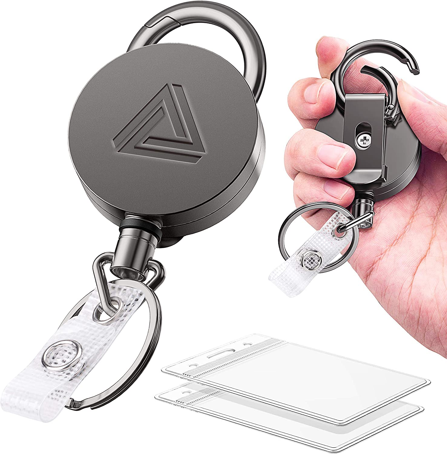 2 Pack Heavy Duty Metal Retractable Badge Holder Reel with Belt Clip Key Ring and Waterproof Vertical Clear ID Card Holder + 2 Extra Carabiner Key Chain Rings, 31 Inches Strong Dyneema Pull Cord