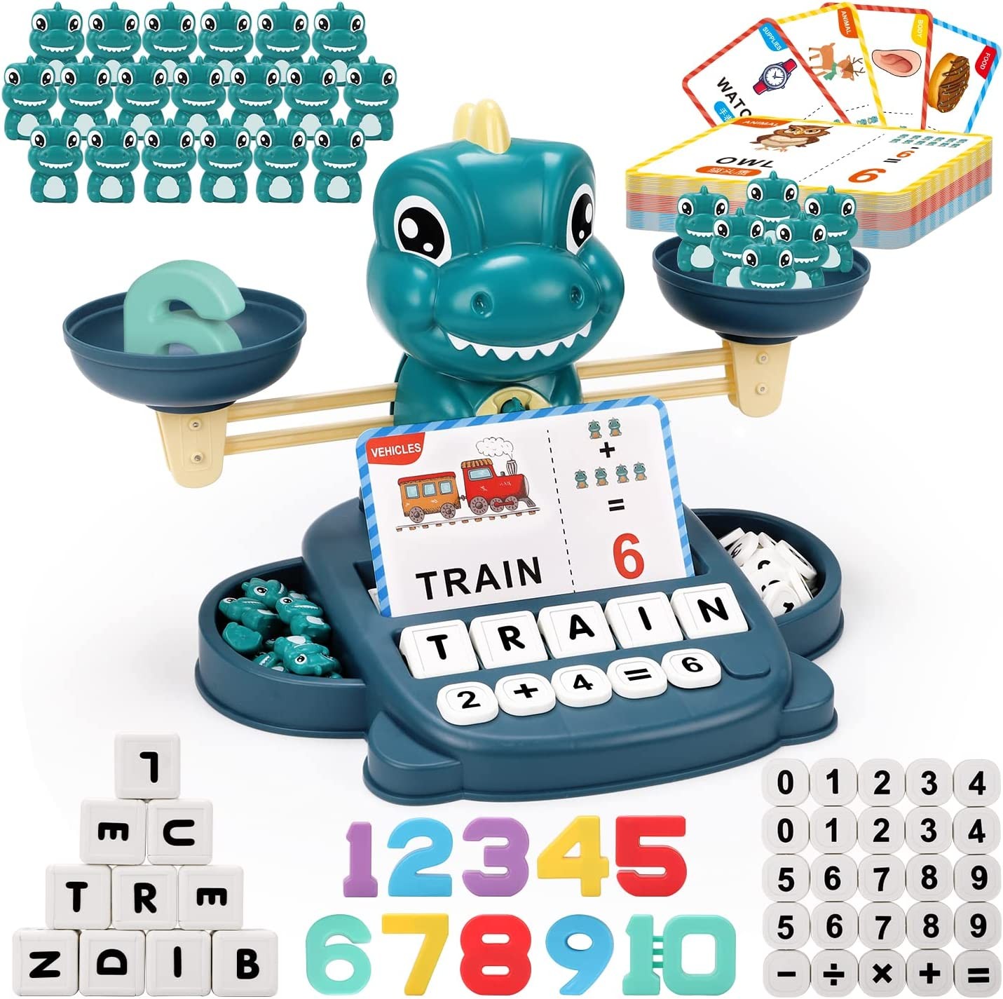 Qizebaby Kids Learning Toy Set for 3 4 5 6 7 8 Year Olds,Dinosaur Balance Counting Math Toy with Matching Letter Spelling Games，Math & Cards Learning Preschool Educational Game，Gift for Boys Girls