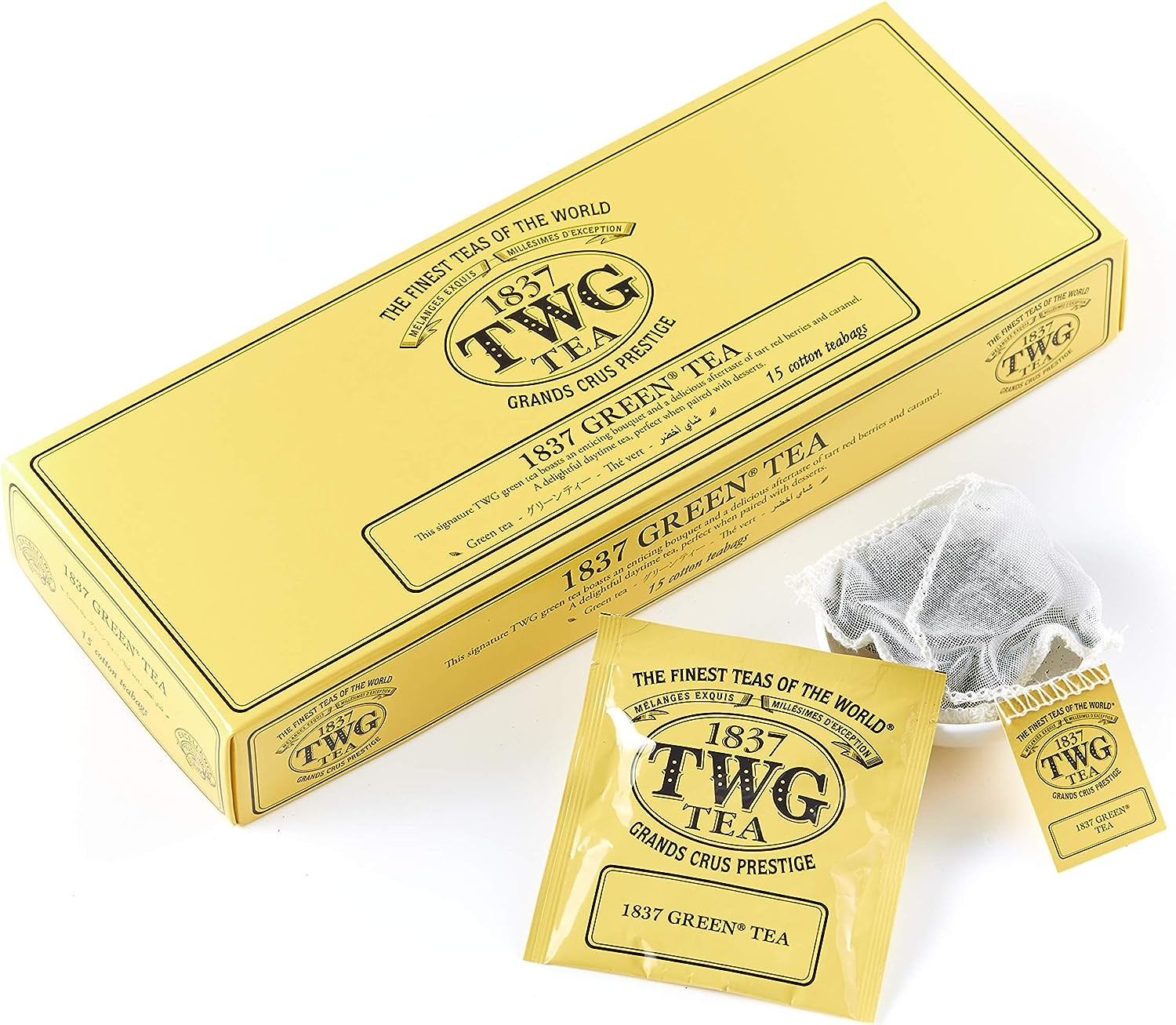 TWG Tea | 1837 Green Tea | Green Tea | Strawberry & Caramel | 15 Hand Sewn Cotton Tea Bags | Gift Set